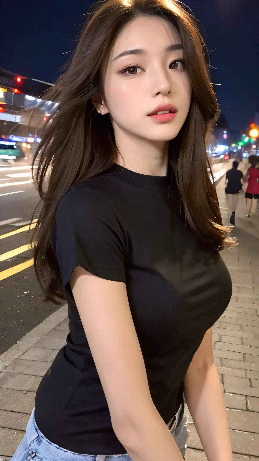 (Realistic Light, Highest quality, 8k, masterpiece: 1.3)), Places of interest: 1.2, 1 person, Perfect beauty: 1.4, Slim Belly: 1.1, ((Dark brown hair)), (Black Cropped Shirt: 1.4), (Outdoor, at night: 1.1), Chinatown Road, Very smooth face, Good Eyes, double eyelid, White shorts, Big Breasts,