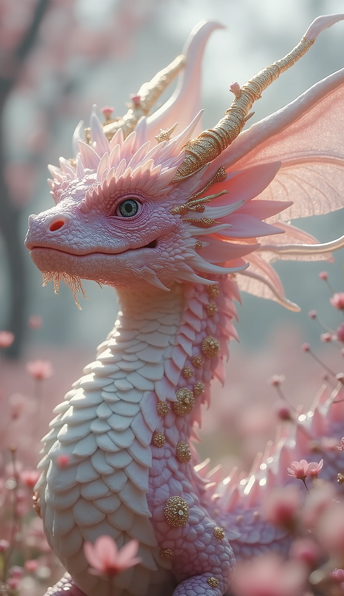 "A radiant floral dragon glides through a field of endless cherry blossoms, its body adorned with glowing petals and golden vines. Its delicate yet powerful wings resemble massive flower petals, and its breath releases fragrant mist infused with shimmering pollen. Its amethyst-colored eyes glow with a gentle but captivating aura, and tiny blossoms bloom wherever its claws touch the ground. The wind carries a hypnotic dance of falling petals, swirling around its majestic form. The background features a dreamlike landscape of pastel-colored skies and soft sunlight filtering through ancient trees. Cinematic lighting enhances the intricate details of the dragon’s floral scales, making it look both mythical and divine. Hyper-detailed, 4K cinematic quality, macro bokeh effects, and warm, ethereal lighting bring this enchanting beast to life."