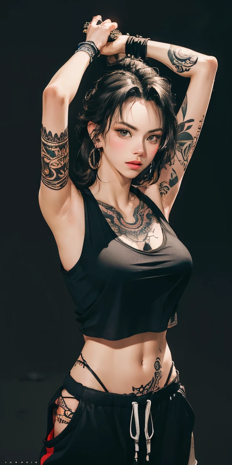 beautiful warrior woman, intricately covered in tattoos, (wearing a black tank-top and baggy joggers), athletic body, dramatic lighting, hyperrealism, absurdres, masterpiece, highly detailed RAW color art