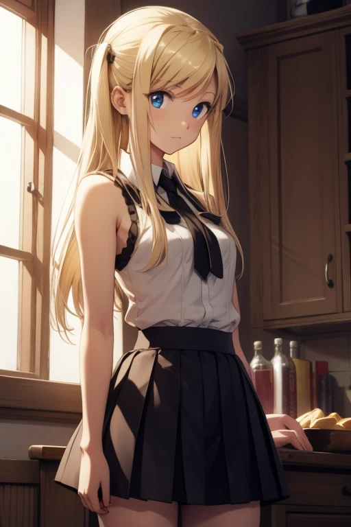 winry rockbell, winry rockbell, eBlue eyes, Blonde hair, BREAK BREAK BREAK long hair, a skirt, The shirt, jewely, white The shirt, pleated a skirt, 耳Nipple Ring, Sleeveless, blue a skirt, of arms, Sleeveless The shirt, BREAK BREAK BREAK indoors, BREAK BREAK BREAK looking at viewer, BREAK BREAK BREAK (tmasterpiece:1.2), Best quality at best, A high resolution, Unity8k wallpapers, (illustratio:0.8), (Beautiful and delicate eyes:1.6), Extremely detailed face, perfect litthing, extremely detremely detailed CG, (Perfect hands, perfect anatomia),