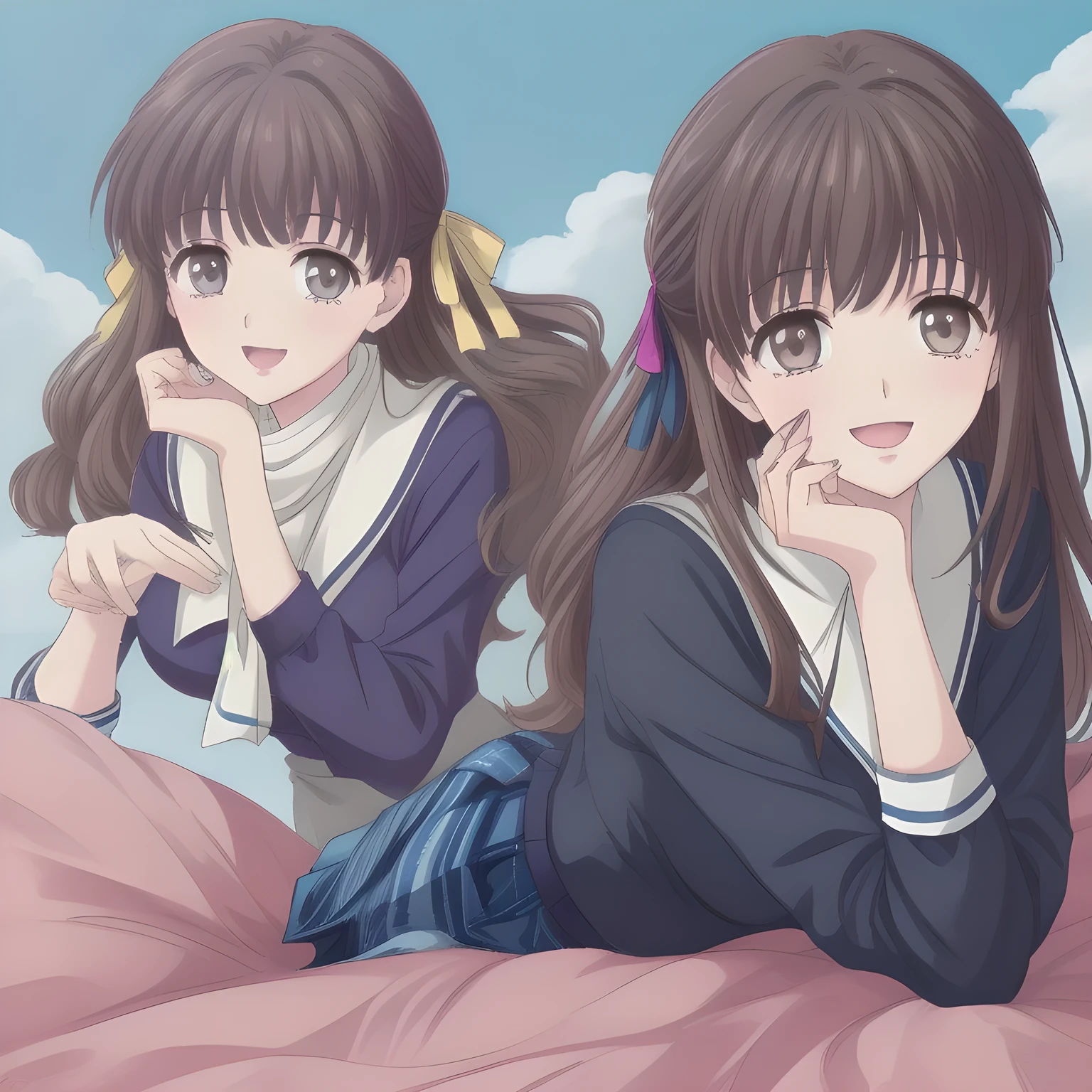 (highest quality, masterpiece: 1.6), (A group of 20yo (too beautiful graceful date-game heroine) are lying down on a expensive bed and laughing at me with their pretty open mouth and lovely lips, can't stop giggling, (covering her own breast ribbon with both hands), (Too Beautiful  beautiful anime noble heroine), beautiful giggling noble elegant 15yot anime heroines wares completely white frilled girly blouse and (tartan checkered navy blue very-glossy plaid school skirt, beautiful shin), (inviting me into deep harem of siren and succubi), Noble Elegant uniform: 1.5), (white white white frilled blouse, with (pretty shiny large blue scarf made of silk) on the breast: 1.2), (Anime-heroine's girly noble laughing giggling (half closed) brown eyes, the eyes shines and has strong effect of allusion to the viewer: 1.6), (Realistic Charming neat dark-navy-blue very-neat well-pleated long dark-blue checkered glossy expensive plaid school skirt made of metallic-blue-wool: 1.6), (sky-blue background with white heart figured clouds: 1.7), (Eyes, face and hair are especially beautifully detailed and beautifully drawn to seduce: 1.5), (Girl whom everyone loves because of her beauty and lovely fashion and noble manner and magic-charm like succubus: 1.0), (Very beautiful, wavy, cutely super-super-long wavy gorgeous rich dark black hair like hair model, with elegant big yellow hair ribbons: 1.3), (beautiful black hair: 1.5), (Perfect slender body style like a fashion model),  (The girls know well about the viewer's super fetishism for school uniforms, and satisfies it completely with her hands and skirts deeply (in the viewer's clear lewd crazy dream): 1.6), (half body portrait side shot: 0.3), ((Five girls rape the viewer) at the same time together in a lewd dream: 1.5), ((too elegant smile), very elegant noble pose: 1.5)