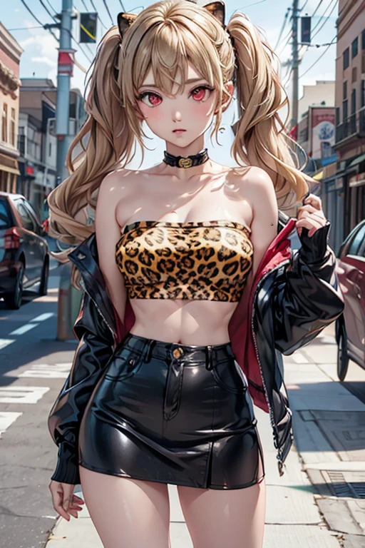  Blonde Twin Tails 　 gal　 tube top(leopard print )black miniskirt red eye