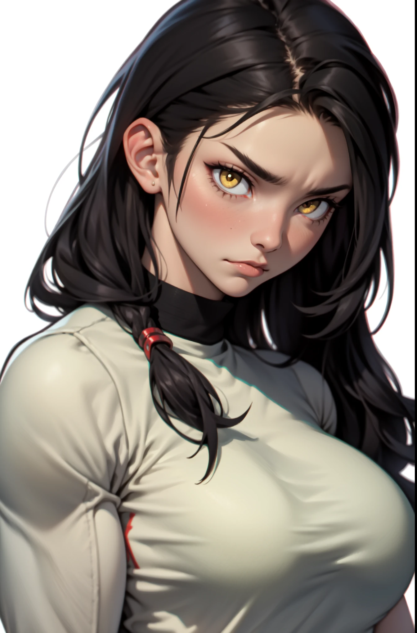 sad pale muscular girl massive breasts hair black hair yellow eyes extremely long hair sad
