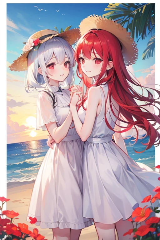 hibiscus、A woman with long light pink hair and wearing a swimsuit is sleeping、A girl with long dark brown hair and green eyes brings a gift、Beach、celebration、Butterflies fluttering、hibiscusの花びらが舞う、Daytime、Sea background、Detailed facial expressions