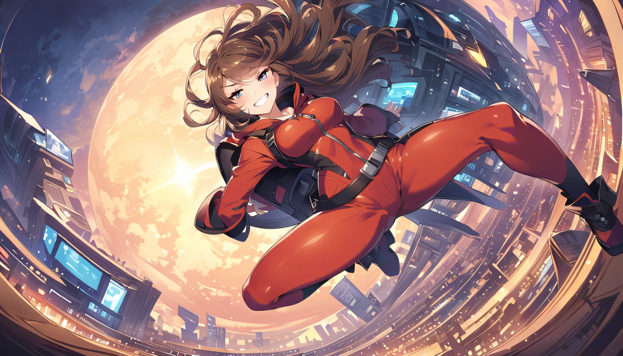 Traveling girl, grinning, overconfident, red bodysuit, front parted hair, blue eyes, confusion, full body, slightly lowered zipper, super magnetic belt, cyber city, grand atmosphere, outdoors, downward, pleasant breeze