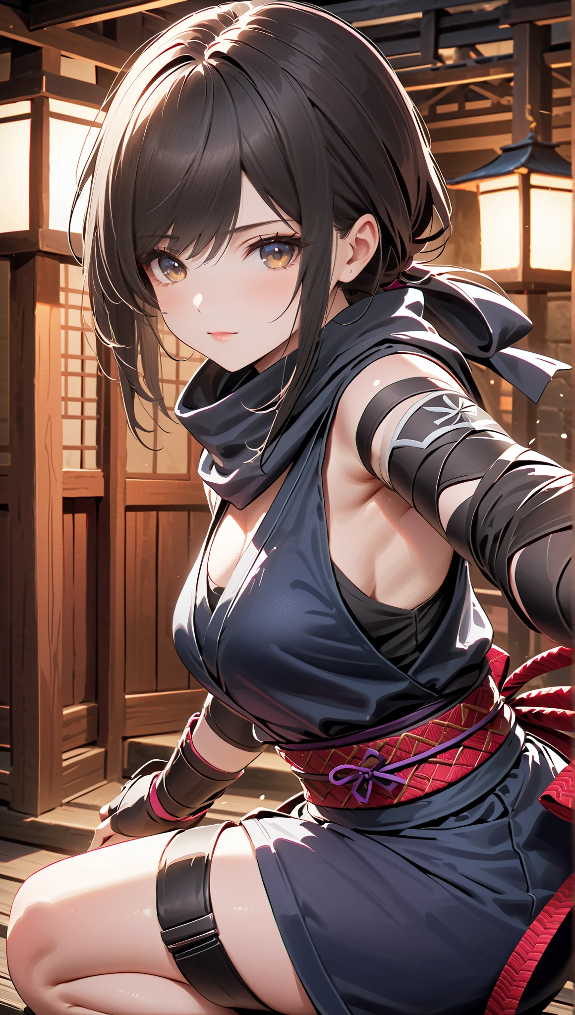a female ninja kunoichi, intricate ninja techniques, chains flying from all directions, random chain motions, chains flying towards the camera, a sense of depth and distance, (best quality,4k,8k,highres,masterpiece:1.2),ultra-detailed,(realistic,photorealistic,photo-realistic:1.37),dramatic lighting,cinematic composition,dark and moody atmosphere,intricate details,flowing fabric and clothing,complex ninja gear and weapons,intense action and movement,dynamic camera angle,dramatic shadows and highlights