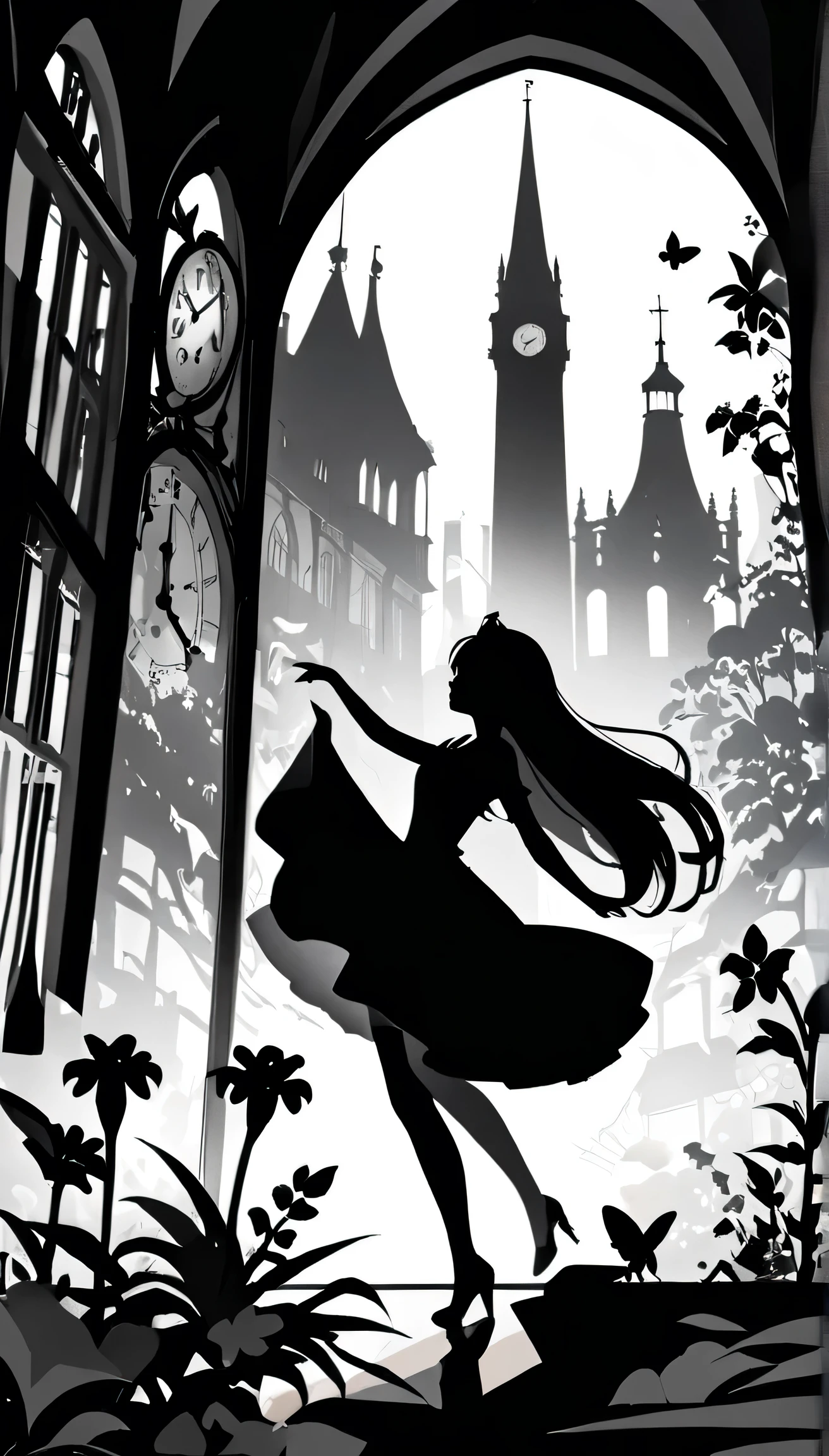 ((モノクロartワーク))、((paper cut style )), high contrast、(8k,  highest quality)、 ultra high resolution、 adorable by design、 highest quality,  beautiful, Absurd beauty、 Masterpiece、 best image quality、(  silhouette ), musical instruments and female themes、European Landscape、Clock Tower Background、Instrument playing、 music、Emphasis Shading、 fairy tale、art、Nostalgic 、pop,