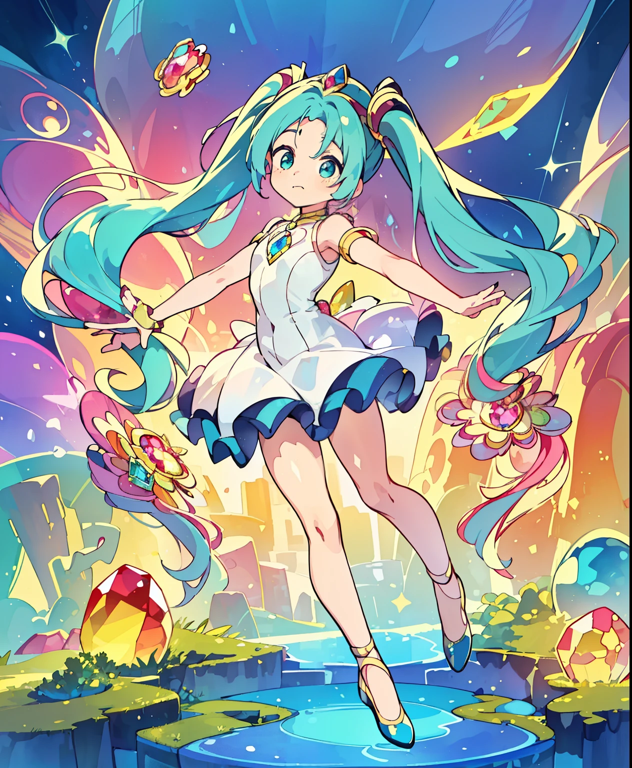 ( masterpiece、 highest quality、 highest quality、 Official Art、  beautiful and beautiful  :1.2)、( one girl:1.3) Hatsune Miku、 twin tails, on hands, ( super detailed,  high details,  highest quality,  Hi-Res, 超 Hi-Res, 16k,  Masterpiece:1.2,  highest quality:1.25), (Ruby,  garnet,  aquamarine, Topaz,  emerald, Black Onyx,  diamond,  amber,  lapis lazuli,  colorful gradations :1.3),  one girl, ((The body is made of jewels:1.25,  full body portrait in front of :1.3, 髪は emeraldと aquamarine:1.1,  Her eyes are made of sapphires:1.2, A body made of multicolored jewels )), Dance like a ballerina:1.2