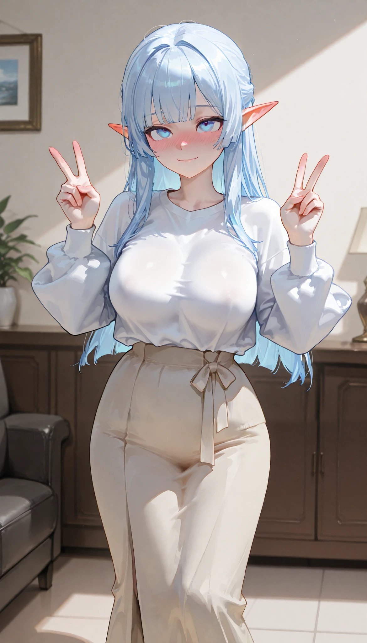 ( top quality), ( more), ( best picture ), (masterpiece), A beautiful and mature elf woman with a feminine body,  perfect body ratio,  very small hair , very small face,  perfect anatomy , anatomically correct,  Ideal Proportion Body Proportion,  Is in perfect shape ,  perfect style, Perfect balance,  Delicate Facial Features ,  beautiful detailed women ,  VERY DETAILED eyes and face , Half updo,  Realistic Facials , realistic beautiful face, realistic beautiful eyes,  pale white skin with a pink tint, Vivid blue eyes , (Gradient from white to blue hair, hime cut, medium long hair),  medium big boobs , slender, (A tidy living room in a modern woman's stylish home.), ( beige thin cardigan,  white long-sleeved polar t-shirt , Beige long skirt ), full-face blush. v-pose, eye contact. looking up. feet out of frame. light smile.