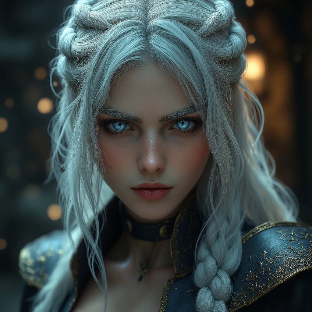 high resolution, masterpiece, highly detailed, 8k, cinematic lighting, field of depth, beautiful woman, warrior, white hair, messy updo
