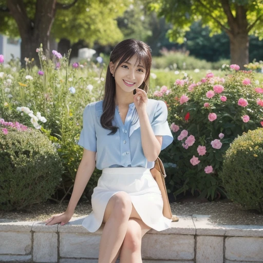 Sunny day, Elegant photo of girl in blazer dress, (Puffy eyes:1.05), (White lace shirt), Platinum brown hair, (angled bob:1.4), Flat bangs, (Flowing hair), Smile slightly, cheerfulness, blissful, highdetailskin, skin pore, stunning innocent symmetry face, Long eyelashes, Black eyeliner, Light gold eyeshadow,(Sit in the class), Crossed_Legs, Emotional, Wind, park, green trees, Grass, Masterpiece, Best quality, Photorealistic,