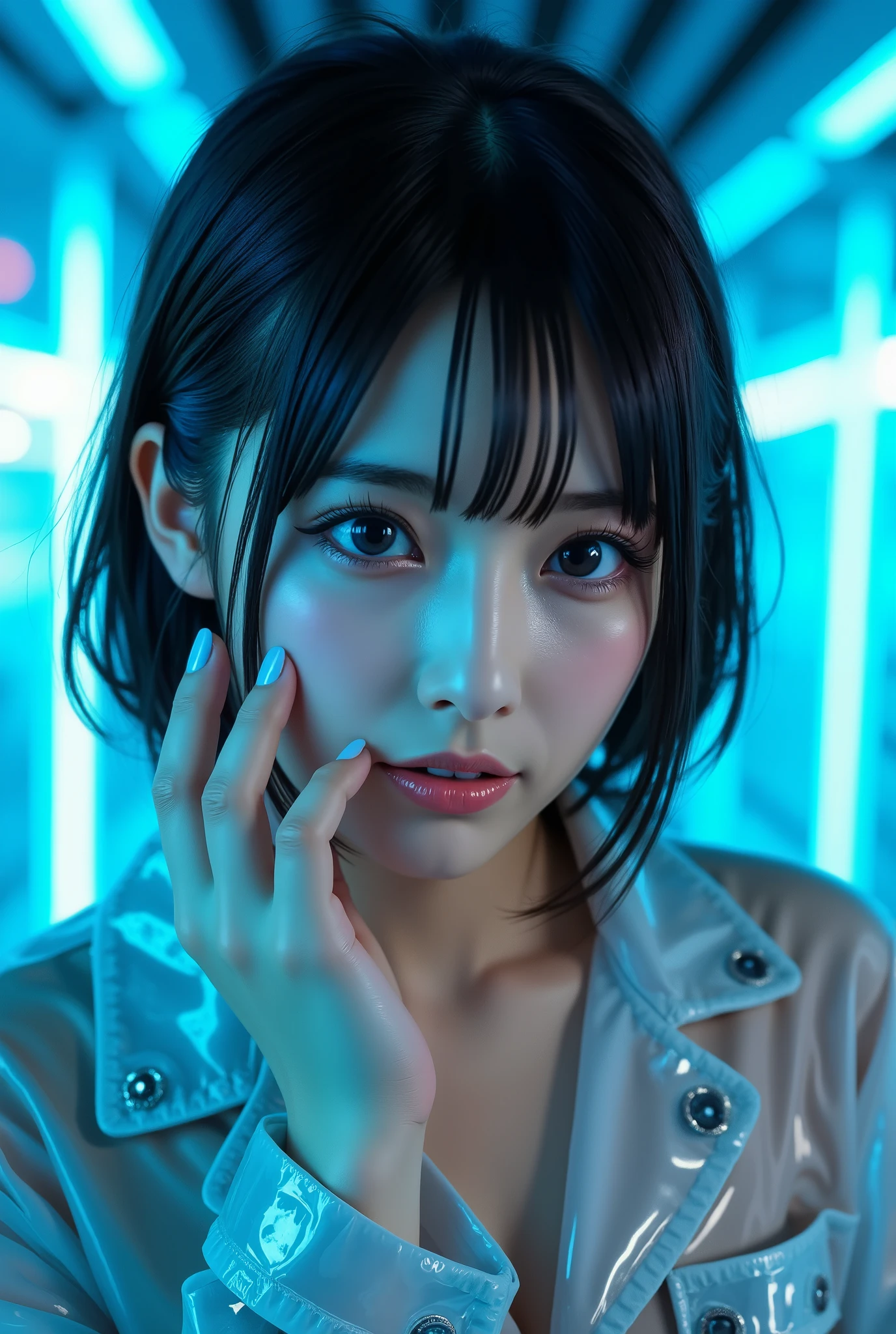  dark-haired woman standing in front of cyan light ,  wearing a shiny transparent plastic futuristic raincoat ,  short hair, Volumetric Lighting,   cinematic angles  , Glamour vibrant , Close-up of a young woman with blue eyes and blonde hair styled back. She looks directly at the camera with an intense gaze. Her right hand touches her face, fingers spread slightly on her cheek and lips, with light blue nail polish. The background is softly blurred, emphasizing her facial features. fantasy (1girl in), super long hai  dark-haired woman standing in front of cyan light ,  wearing a shiny transparent plastic futuristic raincoat ,  short hair, Volumetric Lighting,   cinematic angles  , Glamour vibrant , High resolution , Upper body, No background, Studio Lightning , Wearing Multicolor pleated (red vivid school swimsuit) in bright tones　shiny grossy latex metalic(8k, RAW Photos,Highest quality, High resolution:1.1), (ultra-realistic:1.4),(realistic, realistic:1.3),The beauty of Japan、Rhythmic gymnastics club、Rhythmic Gymnastics Uniform、((Upper Body:1.3))32k sexy female models , Huge breasts, Black eyes, twintails blonde hair ,Gold Jewelry, High resolution , Upper body, (Stained with mud:1.5), dirty woman Best picture quality, masterpiece, ultra high resolution, (fidelity :1.4), photo, 1 girl,[(sadness)],white shirt, dim, dark, desperate, pitying, pitiful, Cinematic,(Torn clothes:1.5), (Wet clothes:1.4), bare shoulders,,wet hair,..dirty dirty