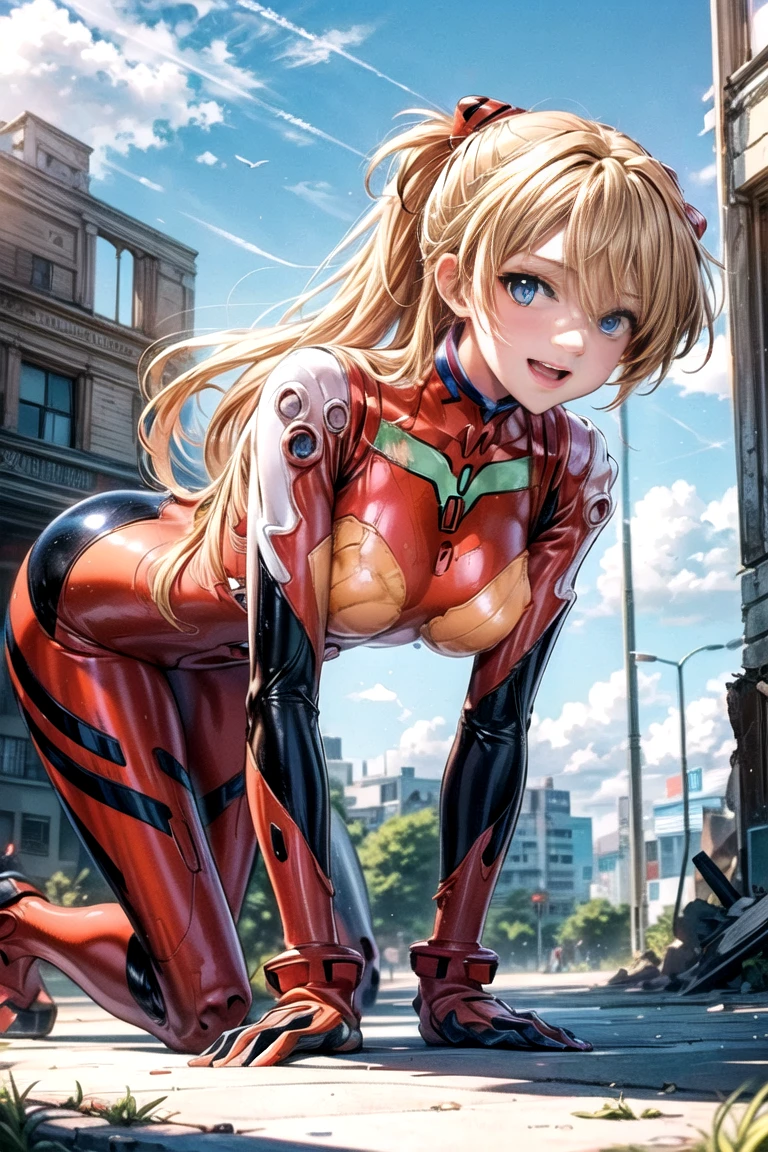 (16k、Raw photography、top-quality、hight resolution)、NSFW、(biomechanical oppai, full body zenkai!Asuka Langley , Seductive Anime Girl,),Pixiv Comics、(finerly detailed face:1.3)、(masterpiece:1.4)、(top-quality:1.4)、 Beautiful fine skin、(cute little:1.0)、((Nasty))、(Complex stockings)、pin heels、Leather luster 3.0、((tthin eyebrows、long eyelashes、big eye、smil、二重まぶた))、Beautiful skin、(Red leather full body rubber suit)、Woman in seductive pose、Show your teeth and smile、Big breasts that emphasize cleavage、War Maidens Fighting on the Battlefield、(Use weapons!)、