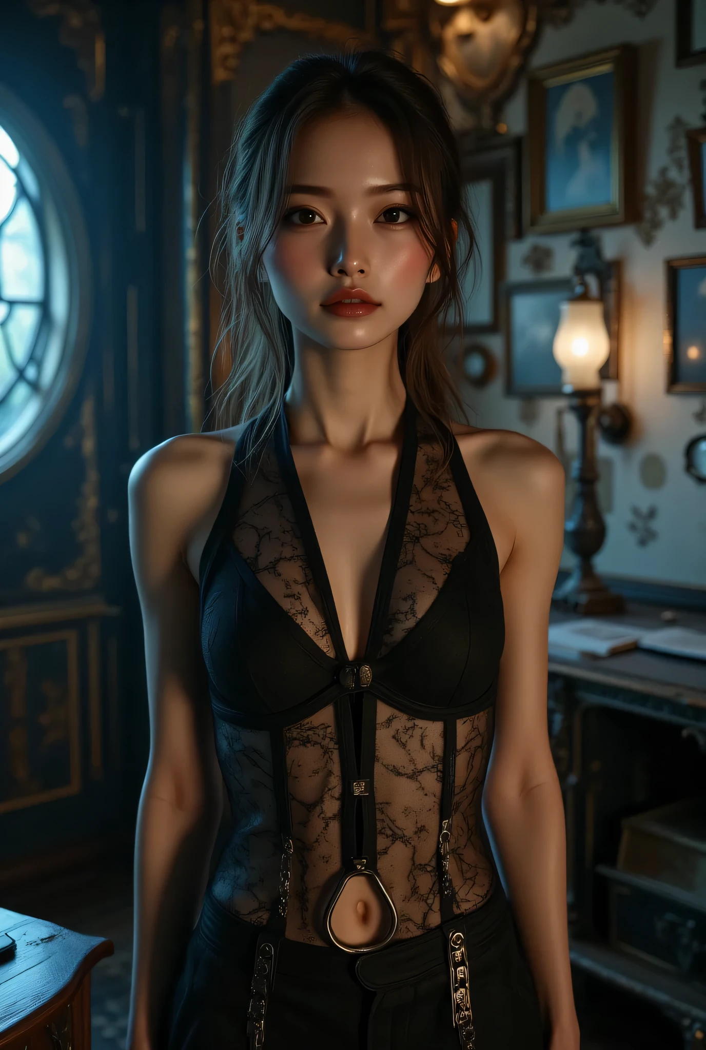 1 female, Updo, (Ultra Realistic, High resolution), (Highly detailed eyes, Highly detailed hair, Highly detailed face, Highly detailed plump lips), (off shoulder with open chest), chest, Upper Body, Looking for a Smile, (Highest quality:1.4), RAW Photos, (Realistic, photo-Realistic:1.37), Professional photography, Cinematic Light, (Beautiful Face: 1.2),(((Black lace bra 1.5)))、See-through、See-through、High Leg、Mid shot photo 1.4、(((小さいchest1.5)))、(Slender Body Type 1.2)、Bedroom、Place your right hand over your mouth、Mid-shot photo、Kneel、