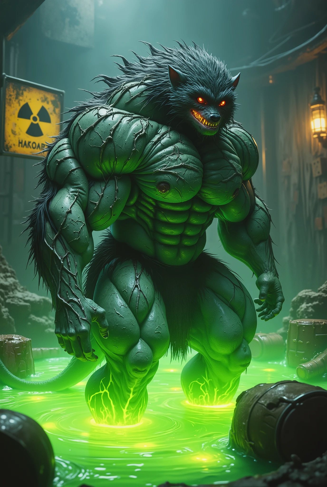 source_furry, score_9, score_8_up , score_7_up , 1boy , Alone, portrait, MutoToxic, nuclear waste liquid pit filled with fluorescent green liquid , muscles all over the body covered with green hazardous liquid ,Glowing blood vessels , heavily damaged nuclear waste barrels floating in the liquid pit, corrosion hazard sign , werewolf-kaiju, furry, anthro, muscles, Muscular, ((hyper muscles)), bulge, hyper bulge , underwear, side view ,full body, bulge disposal ,