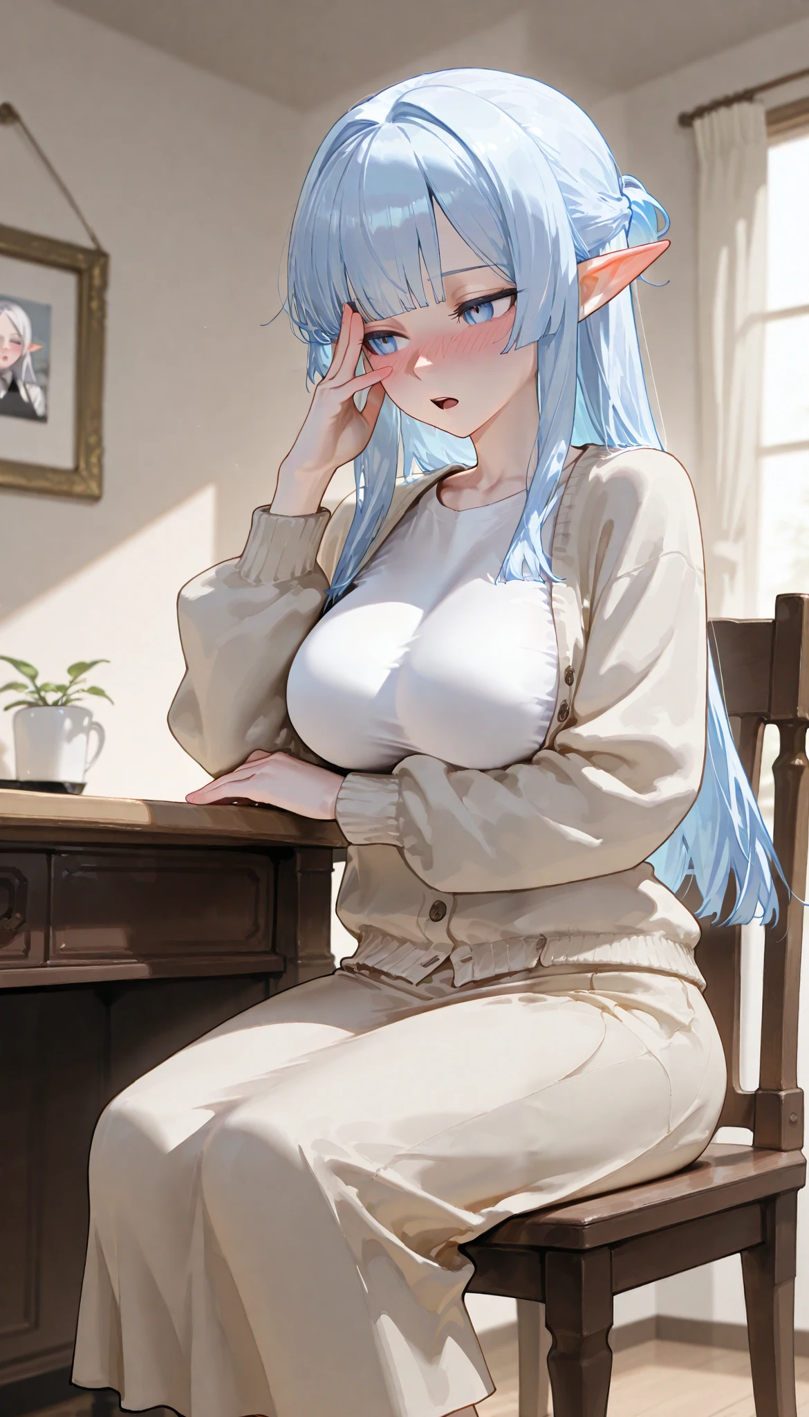 ( top quality), ( more), ( best picture ), (masterpiece), A beautiful and mature elf woman with a feminine body, perfect body ratio, very small hair , very small face, perfect anatomy , anatomically correct, Ideal Proportion Body Proportion, Is in perfect shape , perfect style, Perfect balance, Delicate Facial Features , beautiful detailed women , VERY DETAILED eyes and face , Half updo, Realistic Facials , realistic beautiful face, realistic beautiful eyes, pale white skin with a pink tint, Vivid blue eyes , (Gradient from white to blue hair, hime cut, medium long hair), medium big boobs , slender, (A tidy bedroom in a modern woman's stylish home.), ( beige thin cardigan, white long-sleeved polar t-shirt , Beige long skirt ), full-face blush. very skinny body type. I'm sitting with my chest on the back of a wooden chair. facepalm. earnest face, open mouth, feet out of frame.