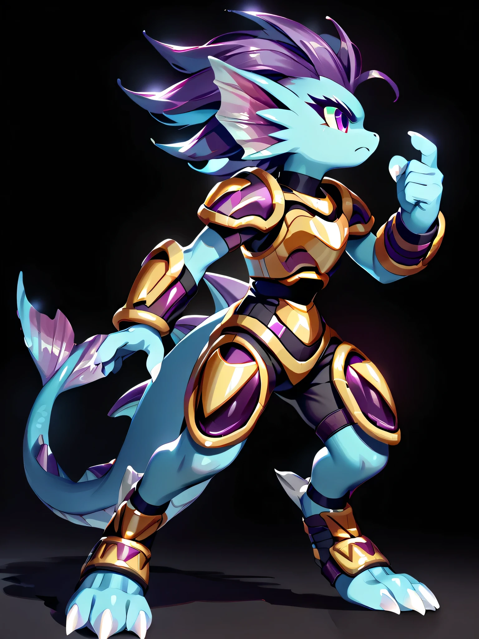Anime, ((anime style)), warrior build, ((safe for work version:1.5)), solo drawing, solo, ((Solid Black Background)), ((running)), ((vivid purple eyes)), ((sharp draconic ear spines)), ((sharp purple head spines)), ((small purple fins) ), ((tall figure)), ((digitigrade legs)), ((digitigrade feet)), ((highly detailed anime style)), ((black and gold armor)), clean anime style lines, claws, Merga from freedom planet 2, female, blue skin, white claws, short muzzle, ((leg armor)), ((ankle guards)), ((stern expression)), black leggings under armor, light armor