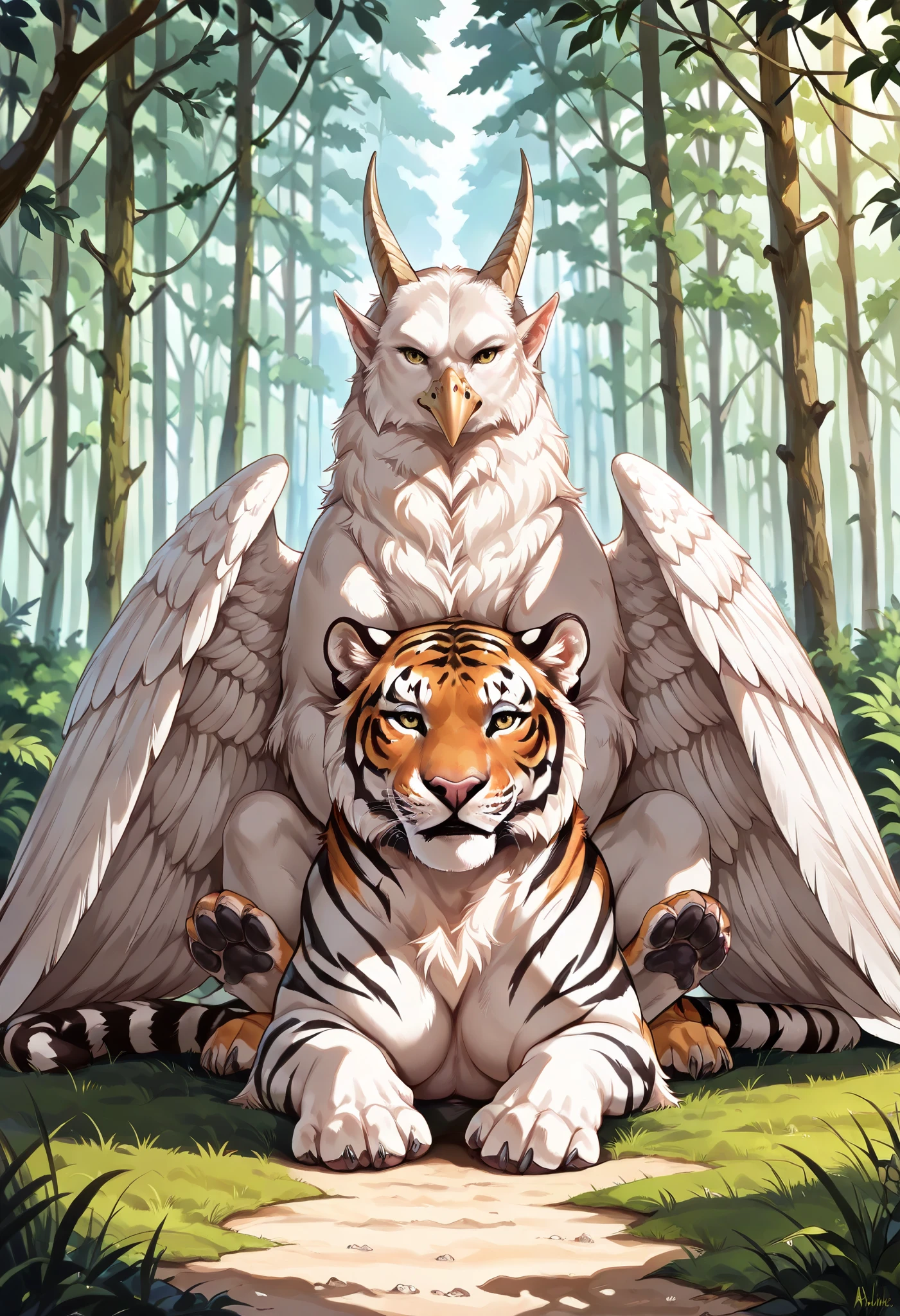 ((masterpiece, top quality, Highest image quality , high resolution, Realistic, original photo, extremely detailed unified CG 8K wallpaper)), In the forest,An animal obtained by combining a tiger and a white eagle,Pure white feathers , furry hair ,Two wings, sit on the ground , long pointed ears, Two glowing curved horns