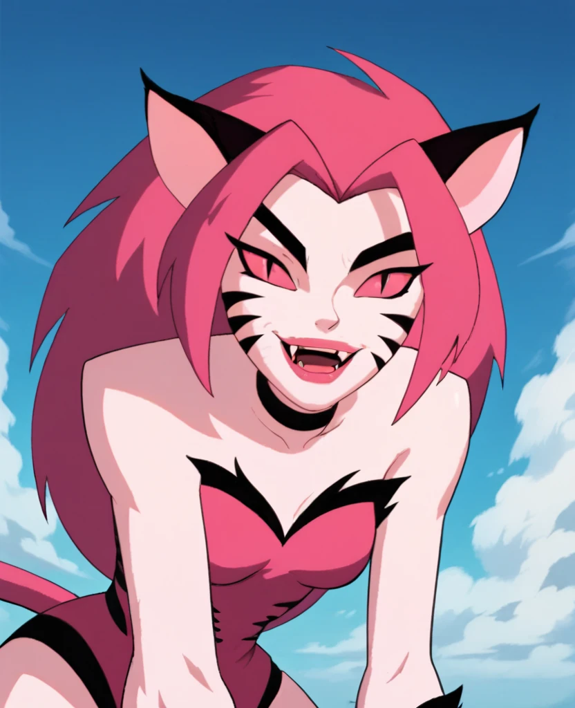 NyaNya, 1girl, solo, pink eyes, pink hair, pink skin, long hair, cat ears, cat tail, claws, slit pupils, pink lips, whisker markings, fangs, choker, best quality, masterpiece, park