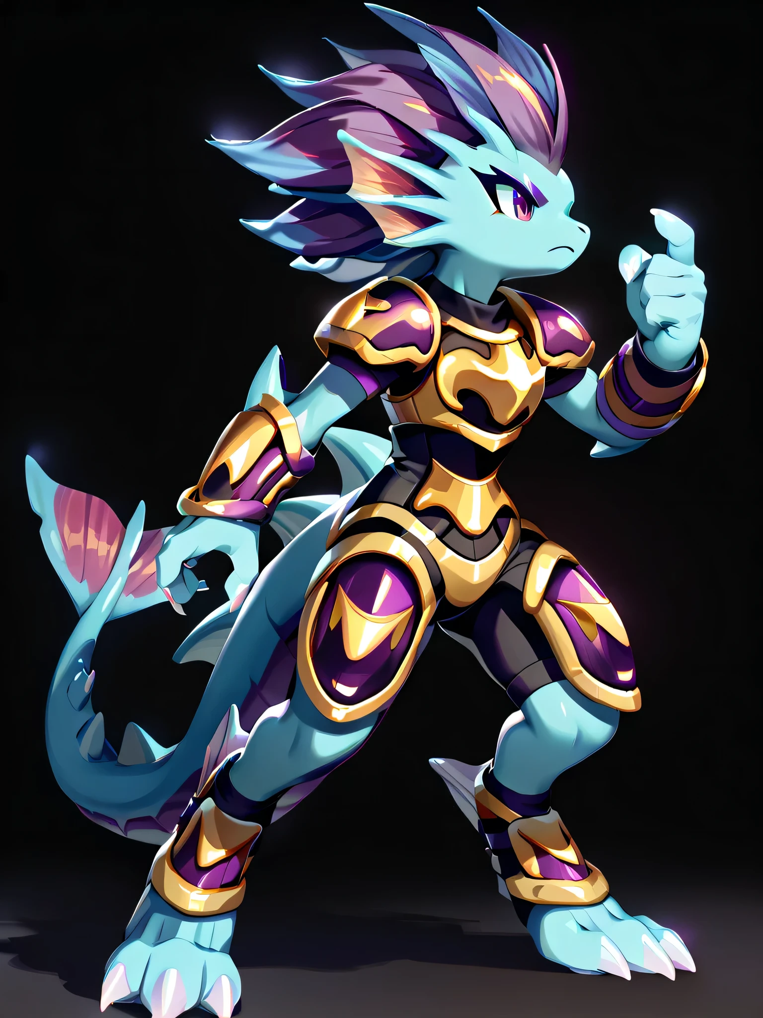 Anime, ((anime style)), warrior build, ((safe for work version:1.5)), solo drawing, solo, ((Solid Black Background)), ((running)), ((vivid purple eyes)), ((sharp draconic ear spines)), ((sharp purple head spines)), ((small purple fins) ), ((tall figure)), ((digitigrade legs)), ((digitigrade feet)), ((highly detailed anime style)), ((black and gold armor)), clean anime style lines, claws, Merga from freedom planet 2, female, blue skin, white claws, short muzzle, ((leg armor)), ((ankle guards)), ((stern expression)), black leggings under armor, light armor
