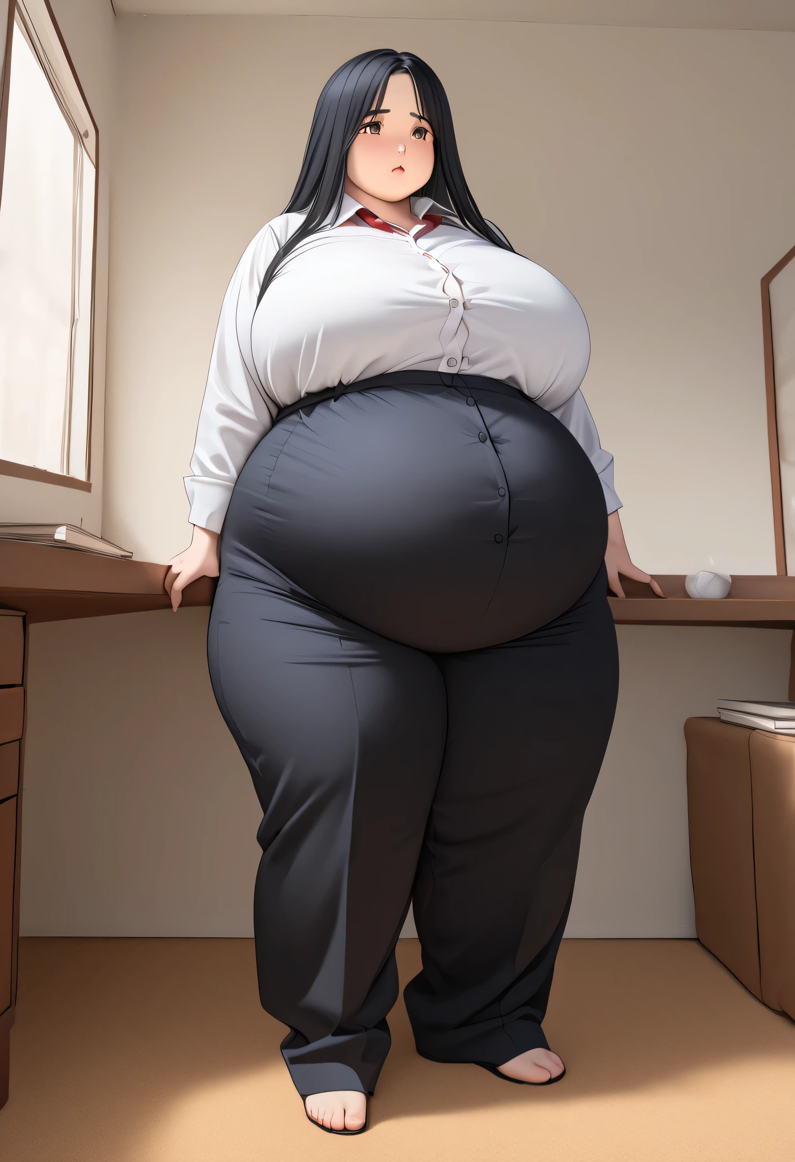 a cartoon of a 600 pound morbidly obese woman sitting in an office 1girl, solo, massively obese, extremely obese, immobilized from fat, thicc, she has a jiggly fat round belly, her belly is fat and round, small curvy , big stomach, thicc build, oppai proportions, body swelling about to explode, bloated, cel shaded!!!, oppai, bbwchan, insanely inflated belly, dress shirt and pencil skirt, belly hanging past thighs onto knees, belly is over 500 pounds