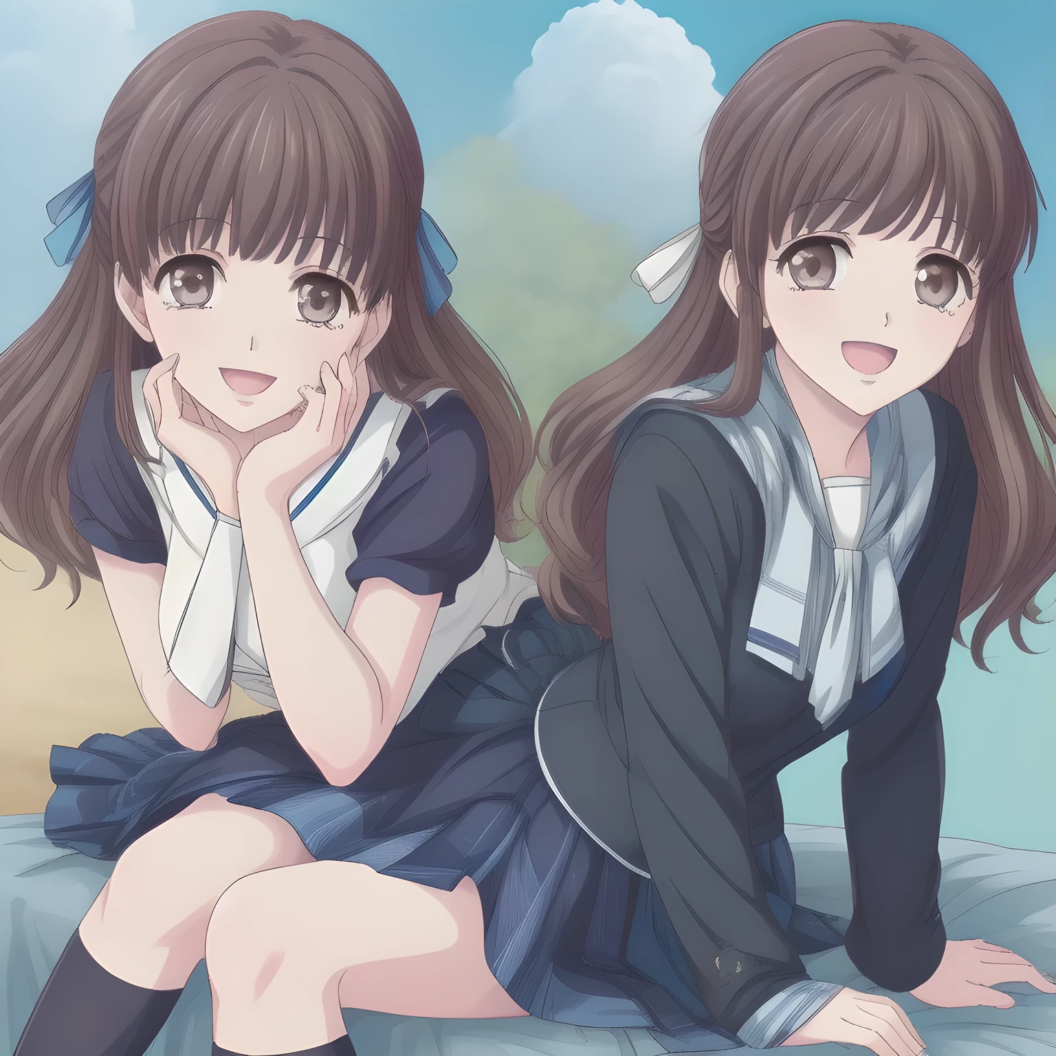 (highest quality, masterpiece: 1.6), (A group of 20yo (too beautiful graceful date-game heroine) are lying down on a expensive bed and laughing at me with their pretty open mouth and lovely lips, can't stop giggling, (covering her own breast ribbon with both hands), (Too Beautiful  beautiful anime noble heroine), beautiful giggling noble elegant 15yot anime heroines wares completely white frilled girly blouse and (tartan checkered navy blue very-glossy plaid school skirt, beautiful shin), (inviting me into deep harem of siren and succubi), Noble Elegant uniform: 1.5), (white white white frilled blouse, with (pretty shiny large blue scarf made of silk) on the breast: 1.2), (Anime-heroine's girly noble laughing giggling (half closed) brown eyes, the eyes shines and has strong effect of allusion to the viewer: 1.6), (Realistic Charming neat dark-navy-blue very-neat well-pleated long dark-blue checkered glossy expensive plaid school skirt made of metallic-blue-wool: 1.6), (sky-blue background with white heart figured clouds: 1.7), (Eyes, face and hair are especially beautifully detailed and beautifully drawn to seduce: 1.5), (Girl whom everyone loves because of her beauty and lovely fashion and noble manner and magic-charm like succubus: 1.0), (Very beautiful, wavy, cutely super-super-long wavy gorgeous rich dark black hair like hair model, with elegant big yellow hair ribbons: 1.3), (beautiful black hair: 1.5), (Perfect slender body style like a fashion model),  (The girls know well about the viewer's super fetishism for school uniforms, and satisfies it completely with her hands and skirts deeply (in the viewer's clear lewd crazy dream): 1.6), (half body portrait side shot: 0.3), ((Five girls rape the viewer) at the same time together in a lewd dream: 1.5), ((too elegant smile), very elegant noble pose: 1.5)