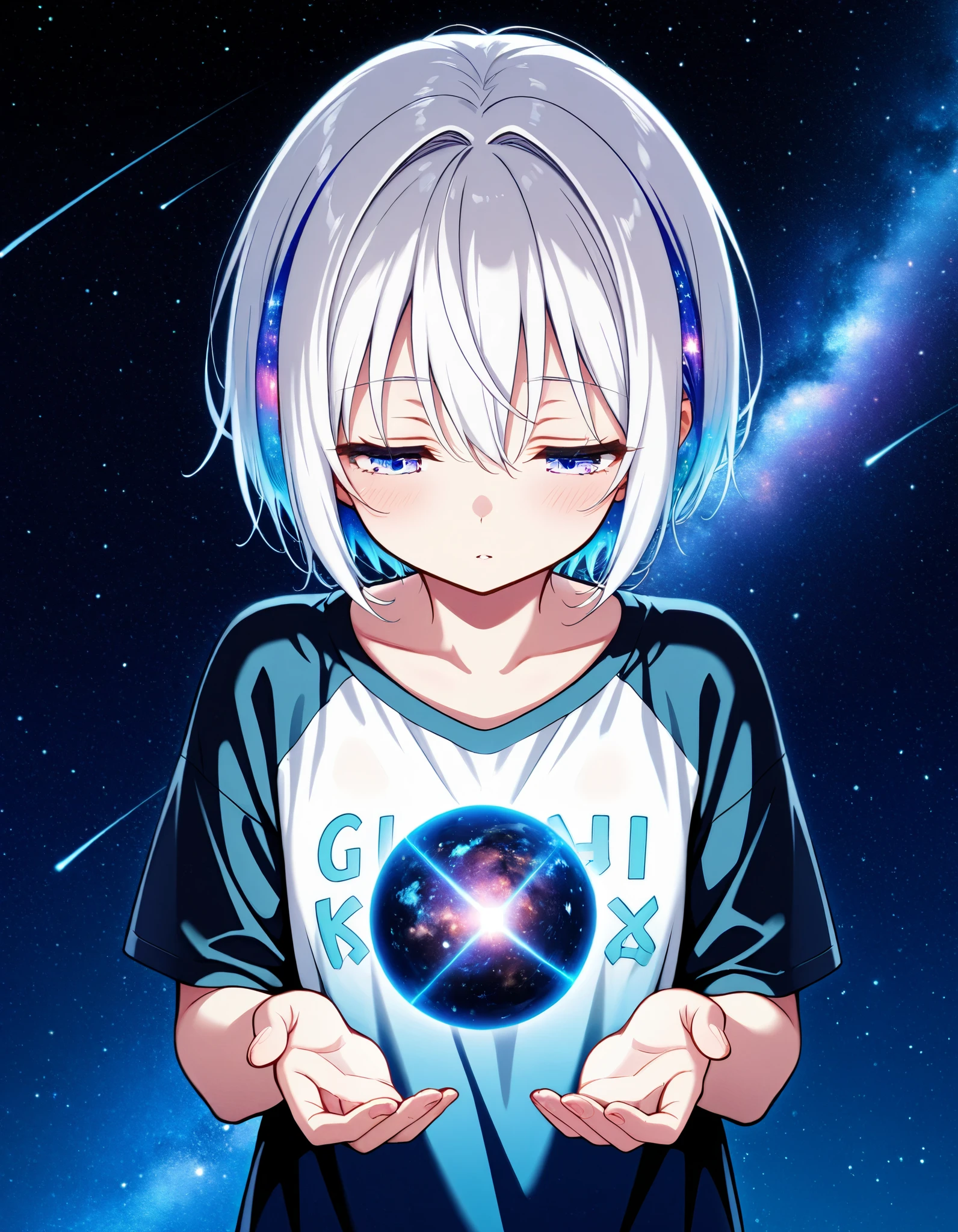 (masterpiece),(absurdres),(ultra detailed),(alone,(white hair:1.1),(multiple colorful hair:1.3),(shortcut hair:1.1),(iris eyes:1.2),(flat chest),Tshirts:1.1,顔の傍で強く光るオーブ:1.3,upperbody shot,galaxy background:1.2,half-closed eyes,looking down:1.2,closed open hands,in the darkness,