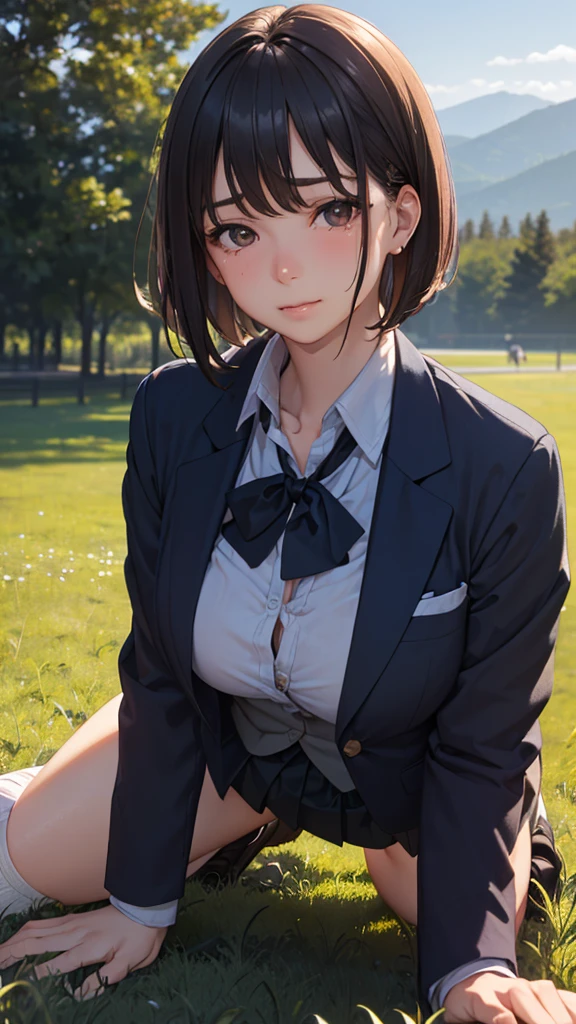 (((open clothes:1.3, areola,bare breasts:1.4, bare nether region:1.5, bare navel, unclad))),photo realistic,in 8K,masterpiece,dynamic angle,acrobatic posing:1.1,professional lighting,high quality,high resolution,detailed background,15yo:1.2,baby face,detailed black eyes:1.1, best hands:1.2,facing forward,pefect anatomy, correct anatomy, character focus,(1 cute girls:1.2,public hair:1.5,small chest:1.3,long sleeve white shirt with collar with ribbon:1.3,1 school bag),(wearing black knee socks:1.3),(outdoor:1.2,crowded coffee terrace:1.1,big fantasy city,medieval europe architecture:1.1,sit on a bench,spread legs wide:1.5),shorty,small body, tiny, skinny,brown pixie cut hairstyle:1.1,blunt bangn,1 school bag,glistening skin,having fun,smile,