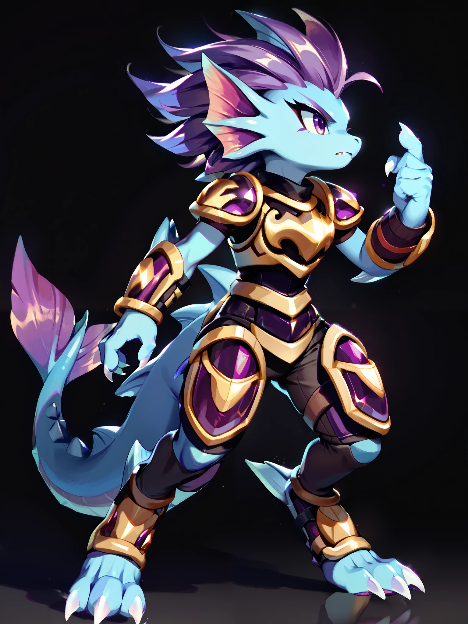 Anime, ((anime style)), warrior build, ((safe for work version:1.5)), solo drawing, solo, ((Solid Black Background)), ((running)), ((vivid purple eyes)), ((sharp draconic ear spines)), ((sharp purple head spines)), ((small purple fins) ), ((tall figure)), ((digitigrade legs)), ((digitigrade feet)), ((highly detailed anime style)), ((black and gold armor)), clean anime style lines, claws, Merga from freedom planet 2, female, blue skin, white claws, short muzzle, ((leg armor)), ((ankle guards)), ((stern expression)), black leggings under armor, light armor