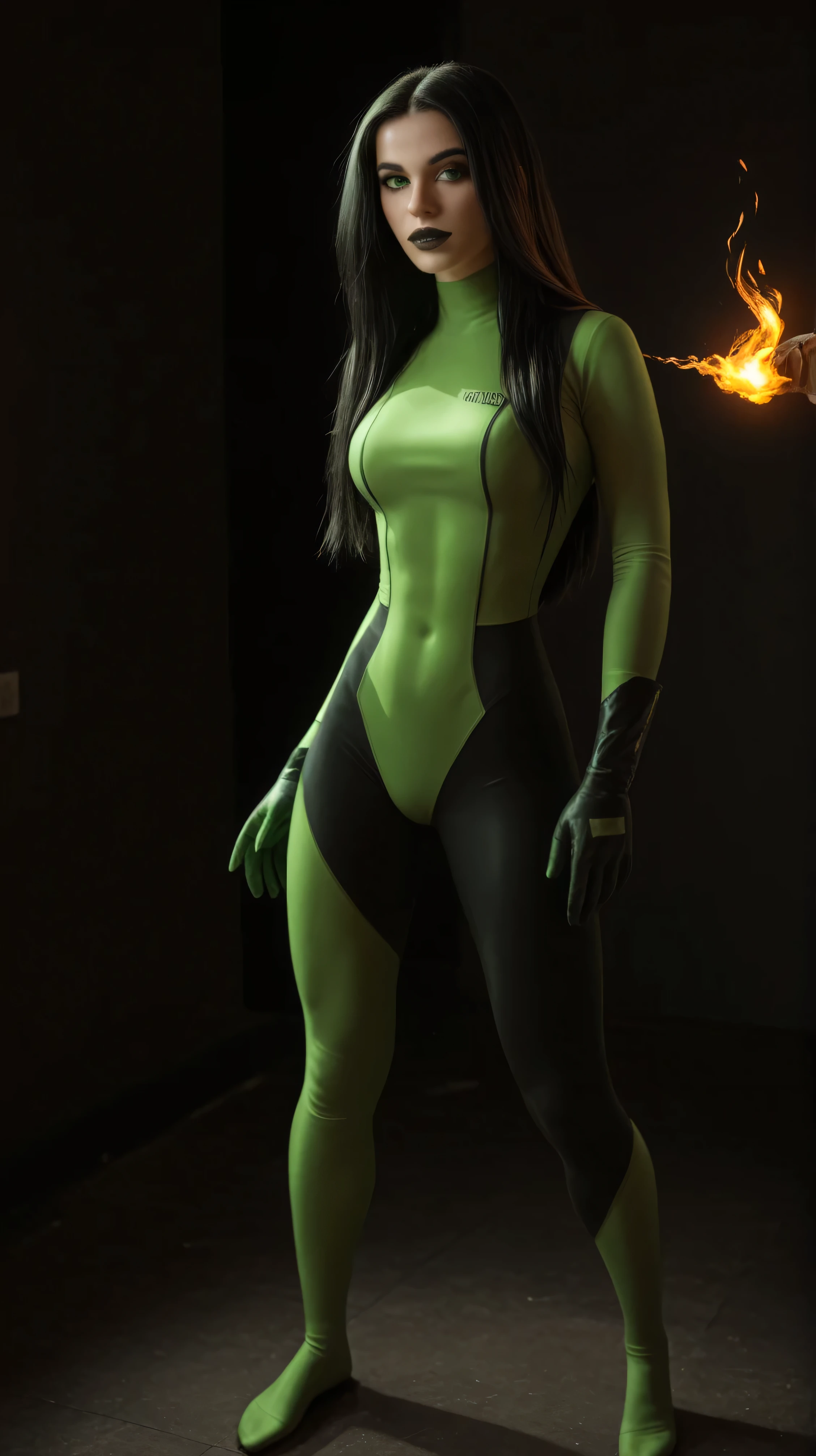 she goes, 1 girl, Alone, long hair, black lips, black hair , green eyes, green body , Very tight crotch tights gap bump hill, grüne Gloves, very long hair, looks at the viewer,stiefel, full body,flaming hand , looks at the viewer, cowboy shot , masterpiece, rolled up , amazing quality , very aesthetic ,absurdres,Latest ,
hand on your own hip, full bodyanzug, Very tight crotch tights gap bump hill, Gloves, colored skin, hand on hip , looks at the viewer, green full bodyanzug, Very tight crotch tights gap bump hill, green theme