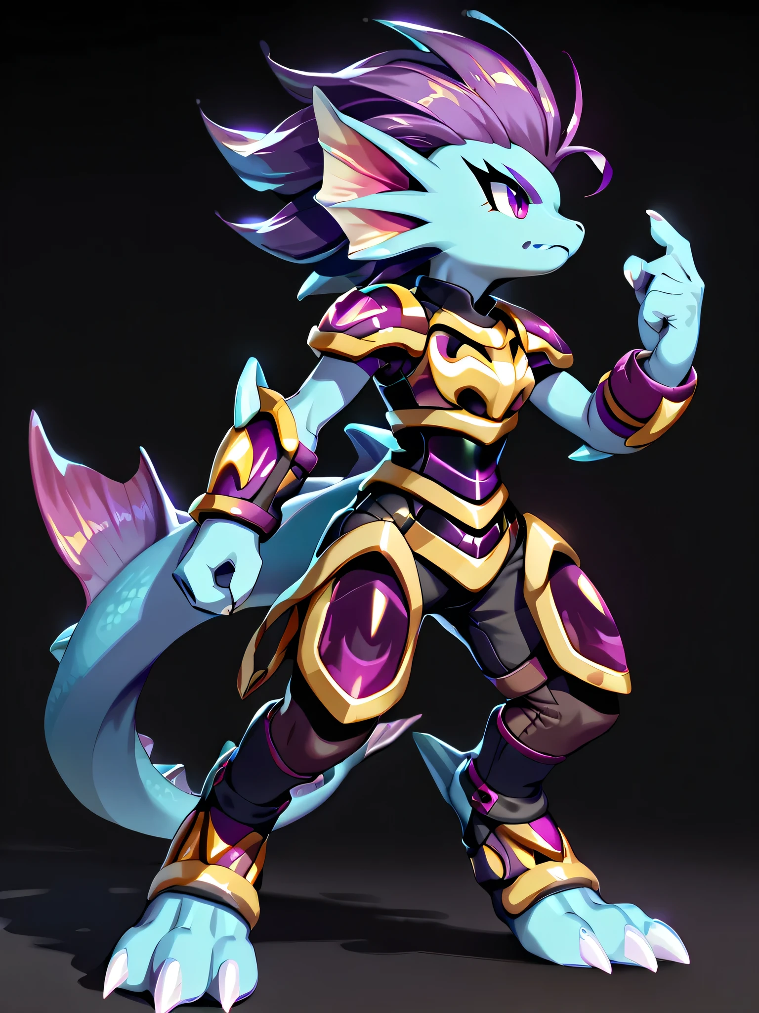 Anime, ((anime style)), warrior build, ((safe for work version:1.5)), solo drawing, solo, ((Solid Black Background)), ((running)), ((vivid purple eyes)), ((sharp draconic ear spines)), ((sharp purple head spines)), ((small purple fins) ), ((tall figure)), ((digitigrade legs)), ((digitigrade feet)), ((highly detailed anime style)), ((black and gold armor)), clean anime style lines, claws, Merga from freedom planet 2, female, blue skin, white claws, short muzzle, ((leg armor)), ((ankle guards)), ((stern expression)), black leggings under armor, light armor