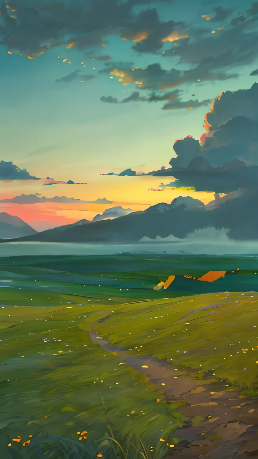 The sunset sky casts a soft glow, creating a tranquil and cinematic atmosphere. A gentle breeze moves through the grass, adding a sense of motion. The scene is highly detailed, with a painterly anime aesthetic that captures the beauty of nature and adventure.", landcape, fantasy
