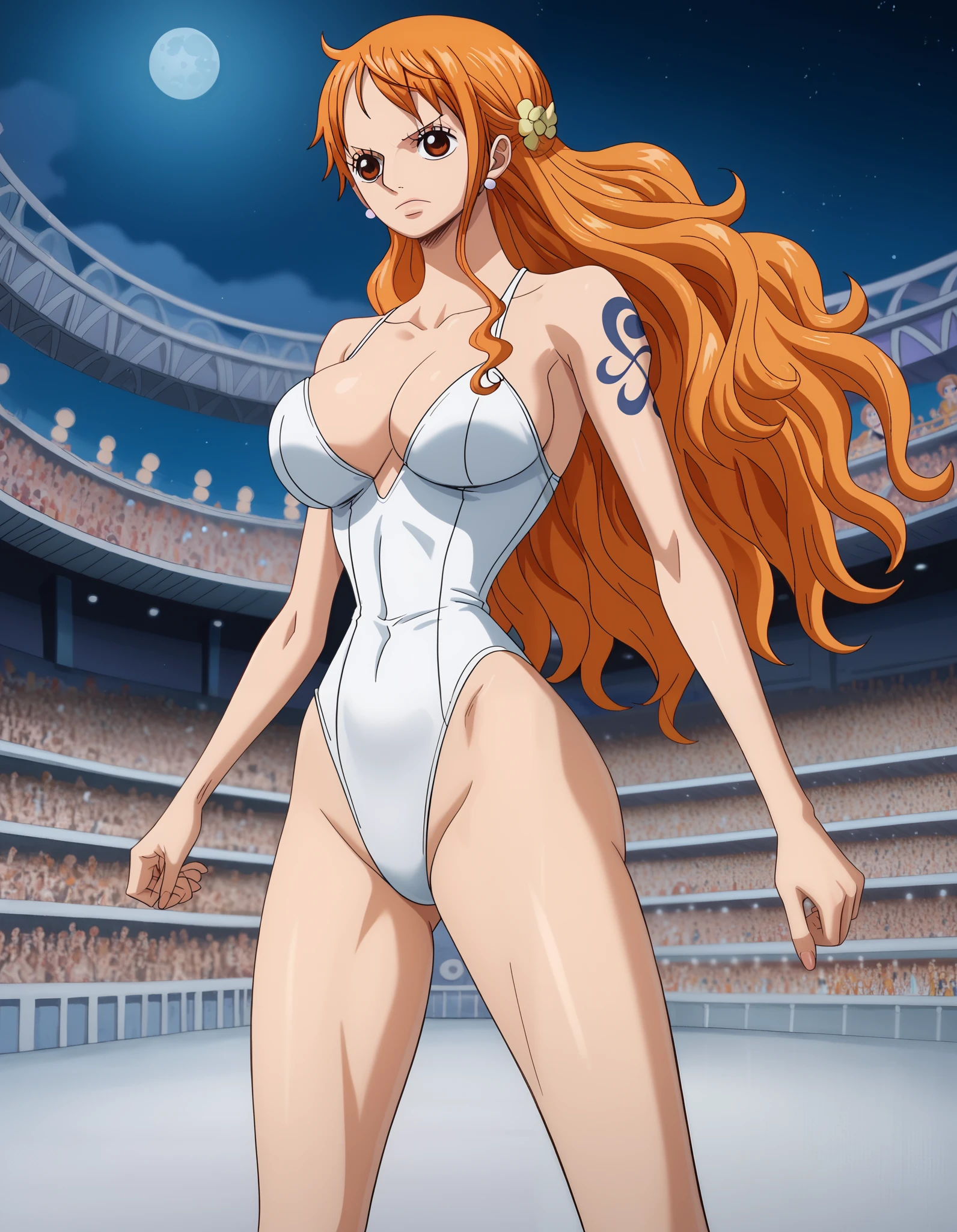 cowboy shot, upper body view, anime style: 1.8, anime drawing, ultra detailed face, ultra detailed body, ultra detailed hair, 4k, Sumergai Lee Noriega, (standing), best quality, anime style, hires, highest definition, digital blending, bold drawing lines, ((slender body, female pro wrestler), (location: wrestling arena, crowds watching), (weak body, tall, slender body, broad shoulders, slim arms, little biceps, thighs, drawn armpit line, long belly), ((white micro bikini, shorts, groin, white boots, white gloves, collar)), , smile, , (big breasts), (big eyes, brown eyes), (warming up), (brown hair, loose hair, curly hair, wavy hair, long hair, missy hair), 27 years old, sexy