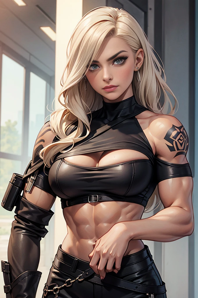 ((Fighting pose, sparring with boxing bag)) ((Sexy, tall and very beautiful sonya blade from mortal kombat videogame series)) ((dark eyeshadows make up)) (()) (()) ((big bright blue eyes)) (()) ((badass)) ((very long straight blonde hair with pony tail)) ((big breasts:1.5)) ((slender body:1.3)) ((wears tank top, gloves, military camouflage pants)) ((choker)) (()) ((abandoned military base)) ((pale light)) ((high definition:1.5)) ((masterpiece:1.5)) ((8k:1.5)) ((Best quality:1.4)), more_details:-1, more_details:0, more_details:0.5, more_details:1, more_details:1.5,