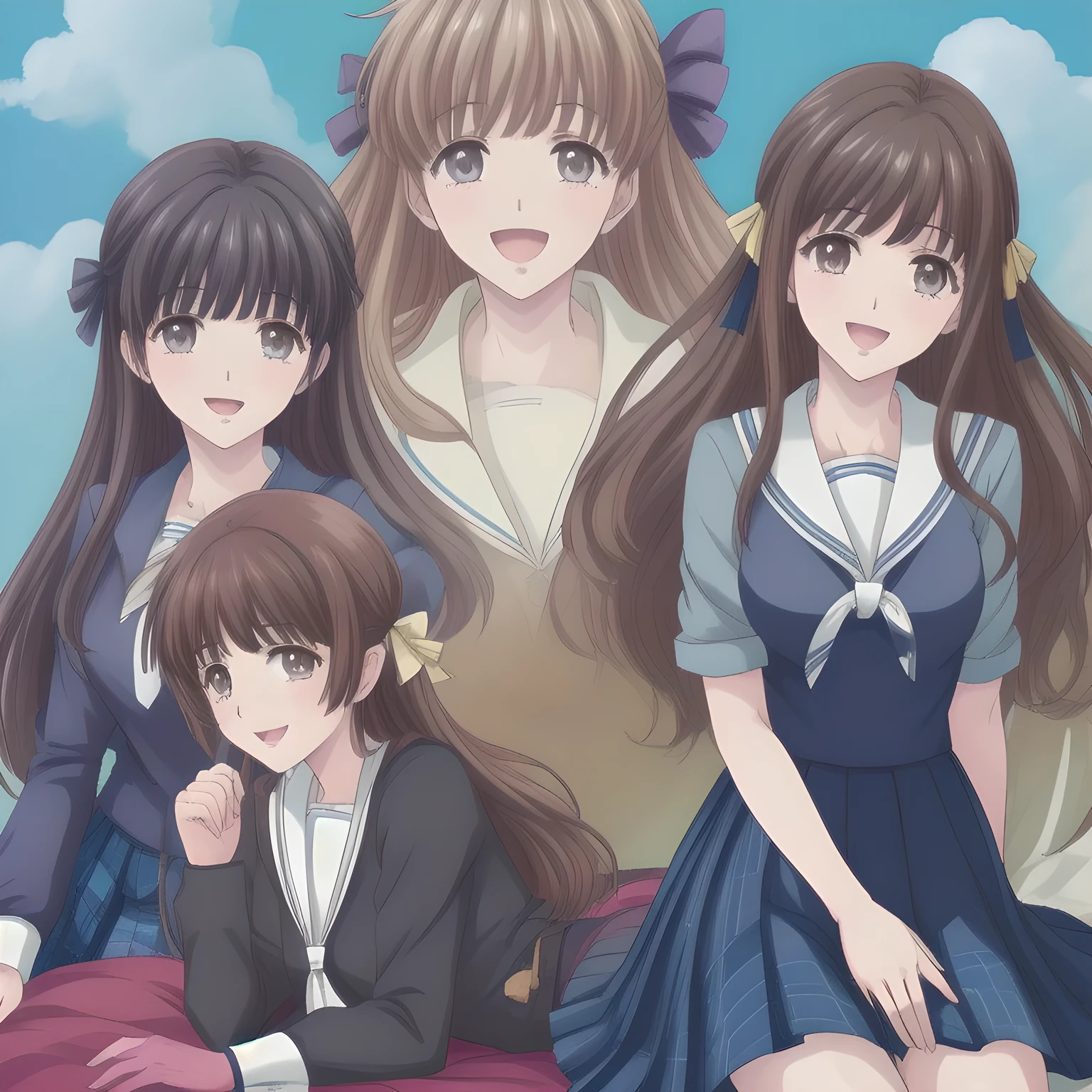 (highest quality, masterpiece: 1.6), (A group of yo (too beautiful graceful date-game heroine) are lying down on a expensive bed and laughing at me with their pretty open mouth and lovely lips, can't stop giggling, (covering her own breast ribbon with both hands), (Too Beautiful 15yo beautiful anime noble heroine), beautiful giggling noble elegant 15yo neat anime heroines wares completely white frilled girly blouse and (tartan checkered navy blue very-glossy plaid school skirt, beautiful shin), (inviting me into deep harem of siren and succubi), Noble Elegant uniform: 1.5), (white white white frilled blouse, with (pretty shiny large blue scarf made of silk) on the breast: 1.2), (Anime-heroine's girly noble laughing giggling (half closed) brown eyes, the eyes shines and has strong effect of allusion to the viewer: 1.6), (Realistic Charming neat dark-navy-blue very-neat well-pleated long dark-blue checkered glossy expensive plaid school skirt made of metallic-blue-wool: 1.6), (sky-blue background with white heart figured clouds: 1.7), (Eyes, face and hair are especially beautifully detailed and beautifully drawn to seduce: 1.5), (Girl whom everyone loves because of her beauty and lovely fashion and noble manner and magic-charm like succubus: 1.0), (Very beautiful, wavy, cutely super-super-long wavy gorgeous rich dark black hair like hair model, with elegant big yellow hair ribbons: 1.3), (beautiful black hair: 1.5), (Perfect slender body style like a fashion model), (The girls know well about the viewer's super fetishism for school uniforms, and satisfies it completely with her hands and skirts deeply (in the viewer's clear lewd crazy dream): 1.6), (half body portrait side shot: 0.3), ((Five girls rape the viewer) at the same time together in a lewd dream: 1.5), ((too elegant smile), very elegant noble pose: 1.5), ((vivid) shiny atmosphere: 1.8)