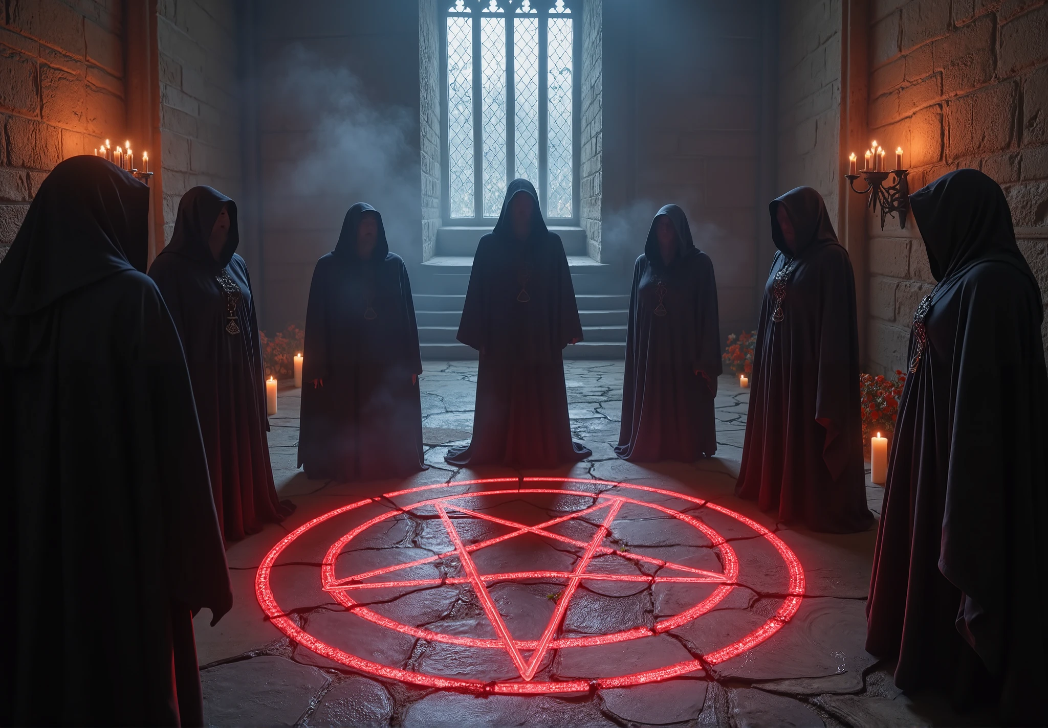 A cinematic wide shot of a group of hooded cultists standing in a circle inside a dimly lit, abandoned chapel. The cultists are chanting in an ancient language, their hoods casting shadows over their faces, adding to the mystery. The floor is marked with a glowing pentagram, faintly illuminated by the flickering light of candles placed around the circle. The chapel’s walls are cracked and covered in moss, with eerie shadows dancing across them from the candlelight. The atmosphere is thick with tension and dark energy, as if the air itself is charged with supernatural power. The scene is ultra-detailed, photorealistic, and rendered in 8K resolution, with hyper-realistic textures (hoods, candles, stone walls, moss, velvet, skin, glossy fabric, leather, smoke). The cinematic lighting is moody and dramatic, with warm candlelight contrasting against the cold, dark surroundings. The neon-noir aesthetic is enhanced by subtle neon red and purple accents in the shadows, creating a visually stunning and haunting composition. The mood is seductive, empowering, and visually stunning, blending sensuality with satanic horror. The high contrast and vivid colors amplify the intensity of the scene, while the 16:9 aspect ratio ensures a cinematic feel. Best quality, 8K, highres, masterpiece:1.2, ultra-detailed, realistic, photorealistic:1.37, vibrant colors, dramatic lighting, cinematic lighting, studio lighting, professional photography, high-quality ultra real, dark, eerie, supernatural, occult, neon-noir, high contrast, vivid colors.