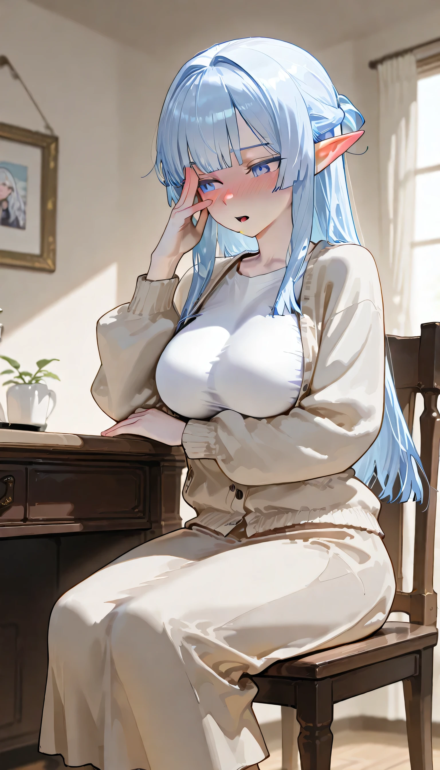 ( top quality), ( more), ( best picture ), (masterpiece), A beautiful and mature elf woman with a feminine body, perfect body ratio, very small hair , very small face, perfect anatomy , anatomically correct, Ideal Proportion Body Proportion, Is in perfect shape , perfect style, Perfect balance, Delicate Facial Features , beautiful detailed women , VERY DETAILED eyes and face , Half updo, Realistic Facials , realistic beautiful face, realistic beautiful eyes, pale white skin with a pink tint, Vivid blue eyes , (Gradient from white to blue hair, hime cut, medium long hair), medium big boobs , slender, (A tidy bedroom in a modern woman's stylish home.), ( beige thin cardigan, white long-sleeved polar t-shirt , Beige long skirt ), full-face blush. very skinny body type. I'm sitting with my chest on the back of a wooden chair. facepalm. earnest face, open mouth, feet out of frame.