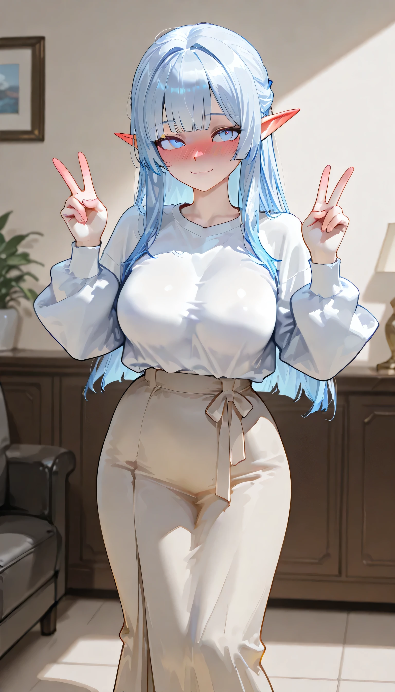 ( top quality), ( more), ( best picture ), (masterpiece), A beautiful and mature elf woman with a feminine body,  perfect body ratio,  very small hair , very small face,  perfect anatomy , anatomically correct,  Ideal Proportion Body Proportion,  Is in perfect shape ,  perfect style, Perfect balance,  Delicate Facial Features ,  beautiful detailed women ,  VERY DETAILED eyes and face , Half updo,  Realistic Facials , realistic beautiful face, realistic beautiful eyes,  pale white skin with a pink tint, Vivid blue eyes , (Gradient from white to blue hair, hime cut, medium long hair),  medium big boobs , slender, (A tidy living room in a modern woman's stylish home.), ( beige thin cardigan,  white long-sleeved polar t-shirt , Beige long skirt ), full-face blush. v-pose, eye contact. looking up. feet out of frame. light smile.