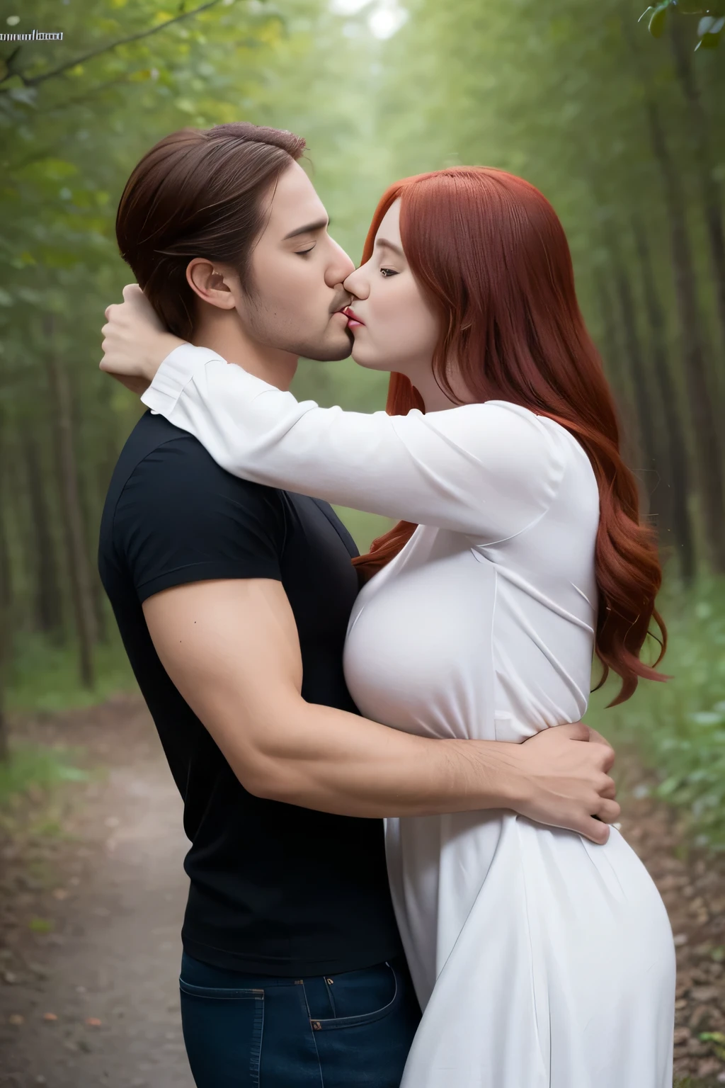 a man and a woman hugging in the woods, female link and malon kissing, peasant boy and girl first kiss, gregoire and manon, lovely kiss, kisses are wordless spells, fairy tale style background, the girl has red hair huge breasts, thicc thighs,the boy is Naruto uzomaki, strong body, anatomy correctly, accurate,UHD