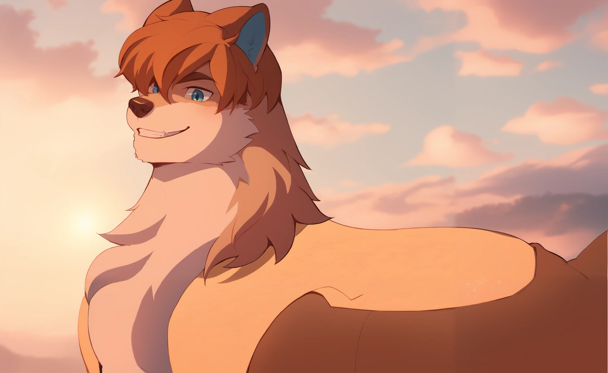 ( masterpiece, High Quality,very detailed ),kemono , nature background,  An anthropomorphic wolf with a trusting and friendly expression ,  with a coat in warm shades of beige and light brown .  Its face has lighter details ,  especially in the muzzle and neck area ,  giving a natural contrast to its design .  The eyes are light blue and vibrant ,  transmitting intelligence and a slightly cunning air . ( )

 Unlike a common wolf ,  it has a striking element : brown humanoid hair ,  covering part of his forehead and falling softly over his eyes ,  giving it a distinct and stylized appearance .  Its ears are large and expressive ,  reinforcing its animal side . [( outline with , darker tone)] 

 He is in a forest environment bathed in golden lighting, possibly at dusk .  The light creates a soft effect on its coat ,  highlighting the details of the shade . Your expression brings a faint smile,  suggesting a character charismatic and perhaps insightful . ( light and shadow) 
