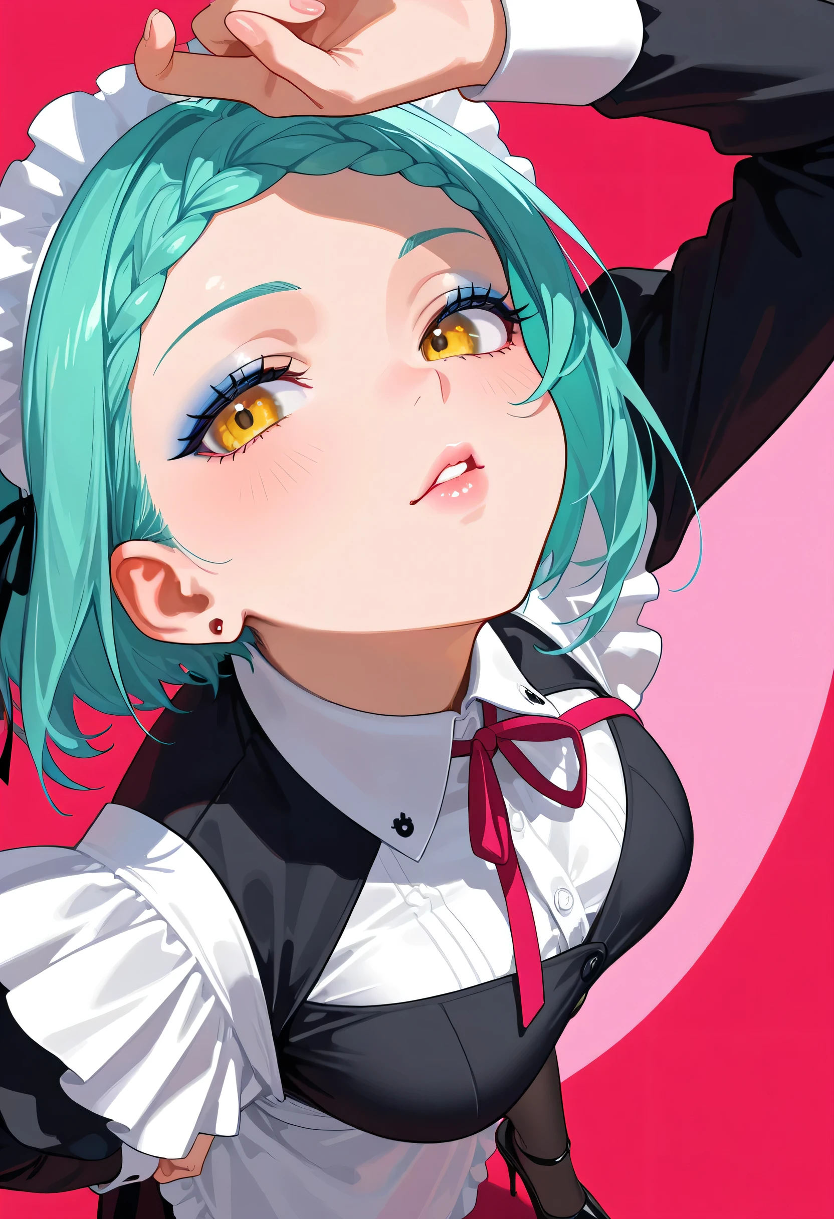 1girl, solo, (best quality), 8k, masterpiece, aqua hair, short hair, braided bangs hairstyle, calm, BREAK, orange_eyes, blue_eyeshadow, pink_lips, medium breasts, seductive_face, BREAK, maid, stiletto_heels, lower_body_focus, simple_background, red_background, pastel_background,
