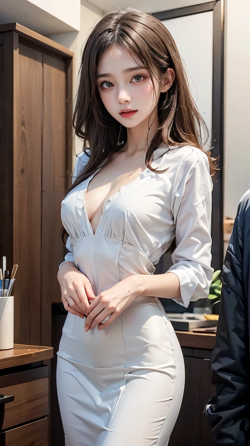 best quality, masterpiece, (photorealistic:1.4), 1girl, light smile, shirt with collars, waist up, dramatic lighting, from below