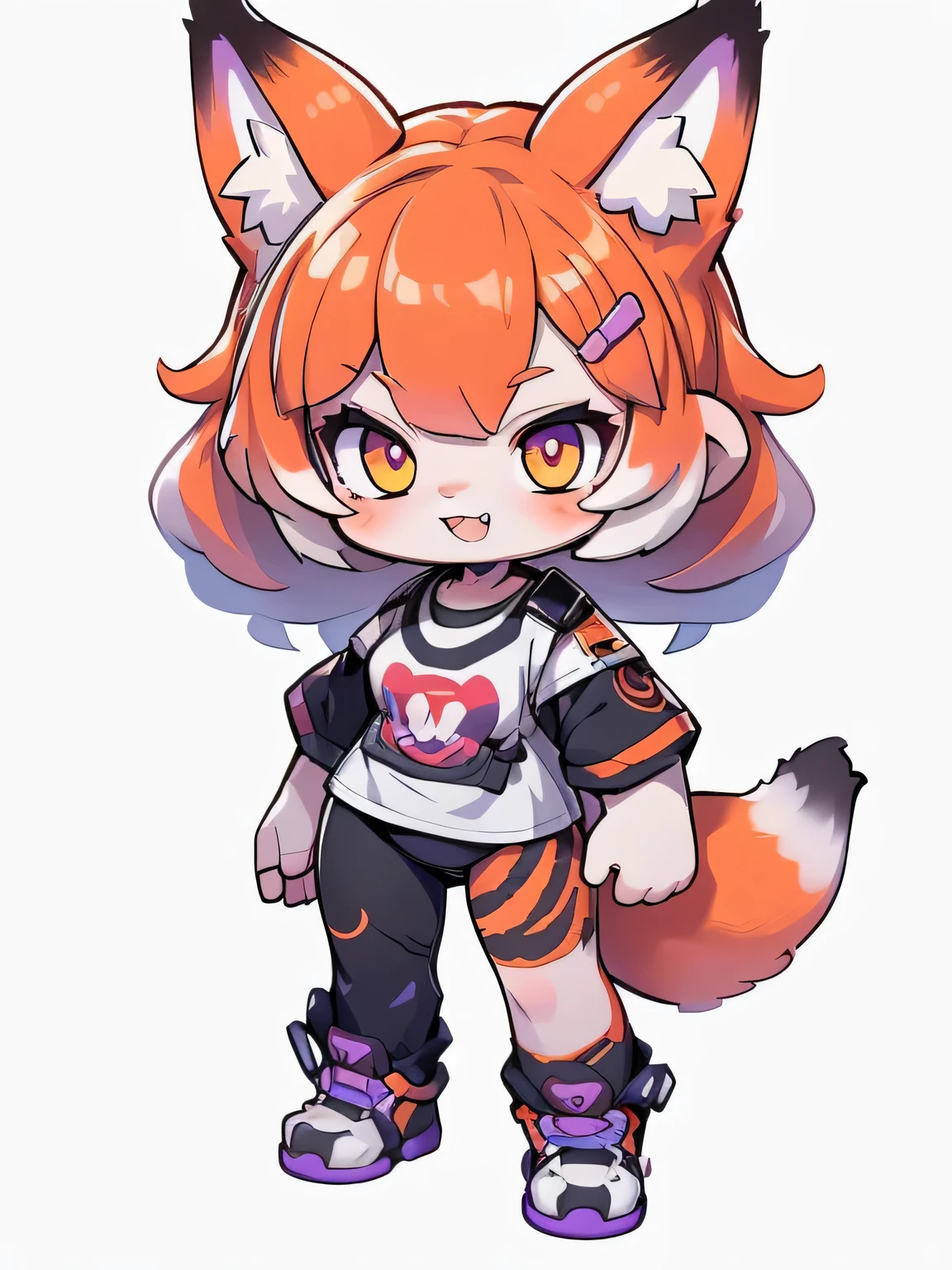  Female hairy purple fox  ,  Fox Ears ,  fox tail ,  workout clothes  ,  wide hips  , White Skin Body ,  simple background ,  full body, standing,  chibi. (cyberpunk style), ( masterpiece ,  High Quality ,  thong, 8k,  high resolution ), ((estilo  chibi,  chibi cute)), ( alone,  A girl ), { fox girl, Fox Face, 2 fangs  ,  long lashes,  eyeliner } { fox mustaches  }, (((  Fox skin over body  ,  fox stripes on the body  , visible ears  ))), ((  Long rainbow hair  )),  hair clip , [[ hair clip  Cyberpunk]], ((very happy)), (( open-mouthed)), [Rainbow pupil  ], (( Looking up )), ( very small breasts ), thin arms, (  arm down), armpits, ((Mini T-shirt,  full white t-shirt  )), { Calsa Legging brancos }, {{{  mini tiger tail  ,  tail on the back  }}}, (((  Blow from above the body  ))), (((standing))),  black background,  simple background , ((((  Tora-chan style in Hanayome  )))), ((  Dazzling vivid color  )),  anime style, Sleeve color  . masterpiece ,  perfect anatomy .