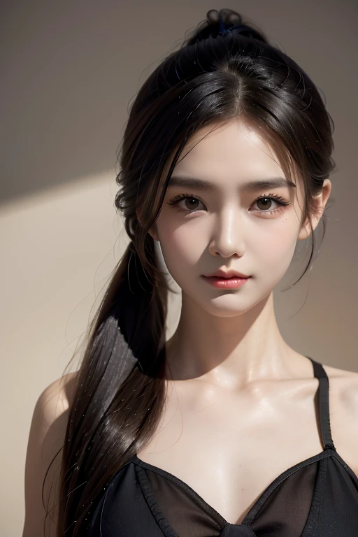 (best quality), (masterpiece), a beautiful 27-year-old Korean woman with porcelain-smooth skin, lovely makeup, glamorous, clean face, cinematic lighting, slim figure, hot pink hair in a ponytail, visible collarbone, professional model, simple white background. She has a cute and lovely expression, delicate features, radiant smile, feminine and soft appearance, natural beauty, artistic.
