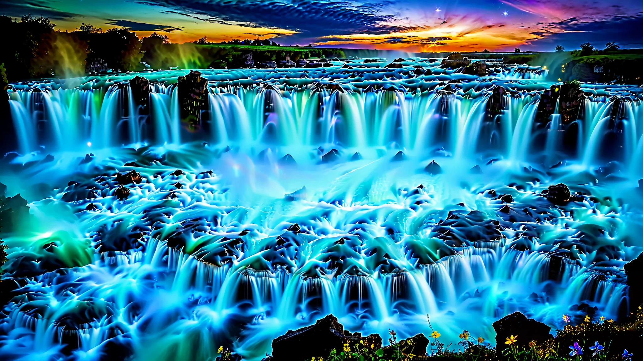 32K Resolution Masterpiece , highest quality , super detailed, Extremely high resolution 32K wallpaper , shot with a fisheye lens ,Many layers of waterfall flow , Scales like Niagara Falls, spectacular scale , cobalt blue luminescent waterfall,A bird's-eye view, The rock shines fluorescent green , super detailedな特徴, Awe-inspiring Details . Spectacular Waterfall Falling Directly from the Starry Sky , Falling on Metal , Shining Cliff Surface . Water Shines in Blue and Purple , Holographic Streams Intertwine . Bioluminescent flowers and trees at the bottom of the valley々Covered in, Its Leaves Reflect the Light of Water . Floating Spheres of Light Wrapping the Scene , Mysterious Addition , have an otherworldly atmosphere ., countless stars in the background 々and galaxy clusters ,Mysterious charm, mysterious atmosphere,