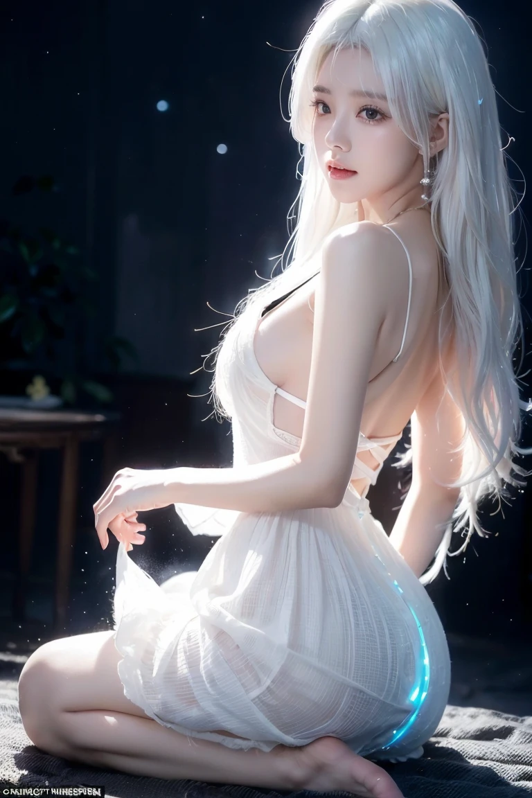 Realistically, high resolution, 1 girl, White hair, Korean, Blue eyes, Transparent cheongsam is flying，Transparent tight-fitting garment，Beads of sweat dripped down the buttocks，Big breasts，Wide hips， Your butt，Visible butt，Visible on the back，Buttocks visible，Come，Wide-angle lens，Movie Lenses，Glowing skin，space ship，
