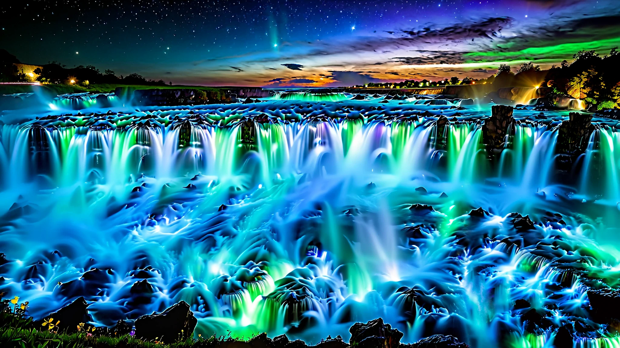 32K Resolution Masterpiece , highest quality , super detailed, Extremely high resolution 32K wallpaper , shot with a fisheye lens ,Many layers of waterfall flow , Scales like Niagara Falls, spectacular scale , cobalt blue luminescent waterfall,A bird's-eye view, The rock shines fluorescent green , super detailedな特徴, Awe-inspiring Details . Spectacular Waterfall Falling Directly from the Starry Sky , Falling on Metal , Shining Cliff Surface . Water Shines in Blue and Purple , Holographic Streams Intertwine . Bioluminescent flowers and trees at the bottom of the valley々Covered in, Its Leaves Reflect the Light of Water . Floating Spheres of Light Wrapping the Scene , Mysterious Addition , have an otherworldly atmosphere ., countless stars in the background 々and galaxy clusters ,Mysterious charm, mysterious atmosphere,