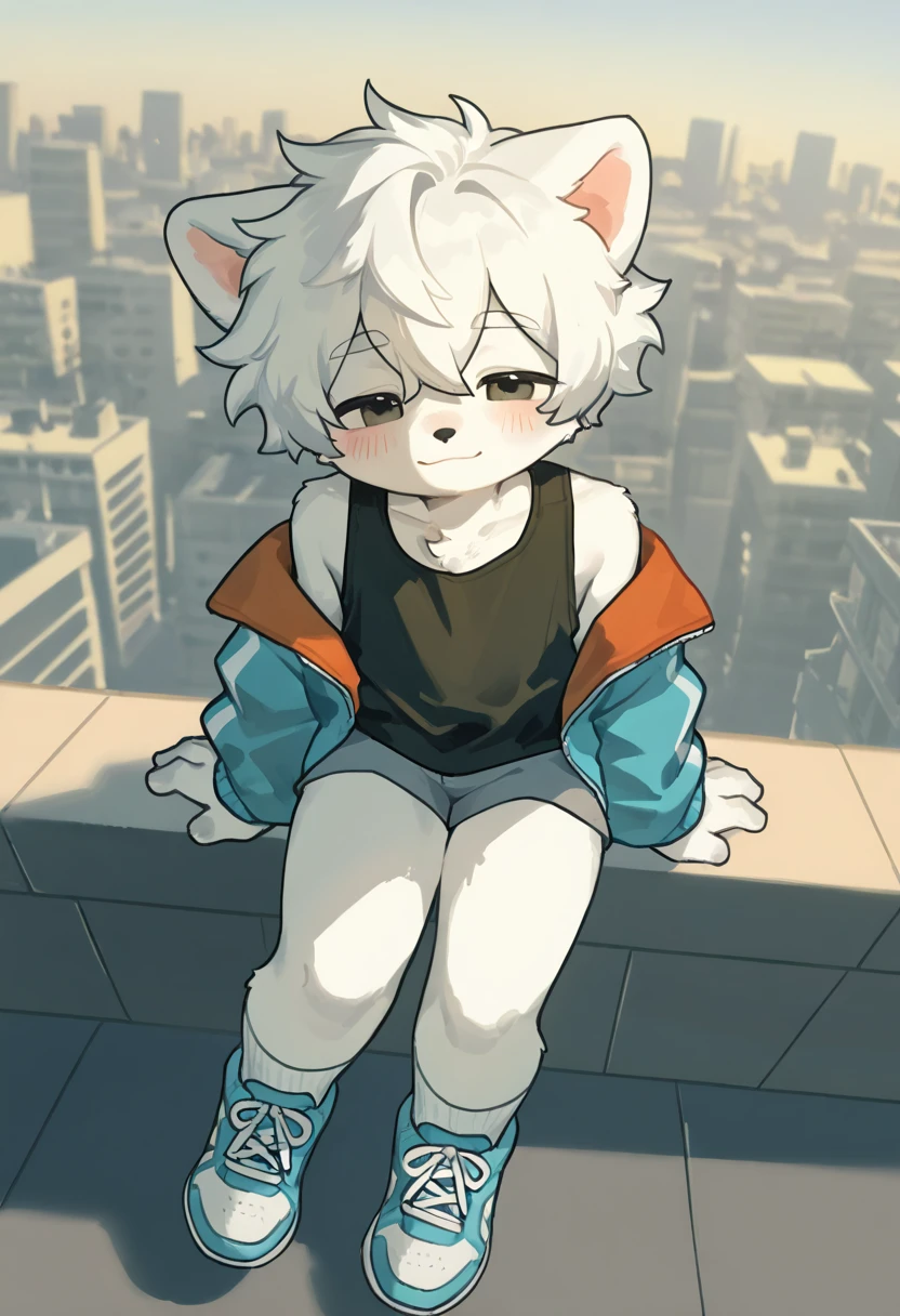 Boys，15 years old，The figure is slightly plump，Pink hair dog，Wear a light pink loose sweatshirt，Wear white briefs, No shoes，Wearing plain white socks，Sitting on the guardrail on the roof of the school，Looking at the sky outside the fence，It was drizzling，Boys have strong sexual desire， （Delicate eyes and delicate face） , blush , （Perfect anatomical structure），Ambiguous expression，Cute face