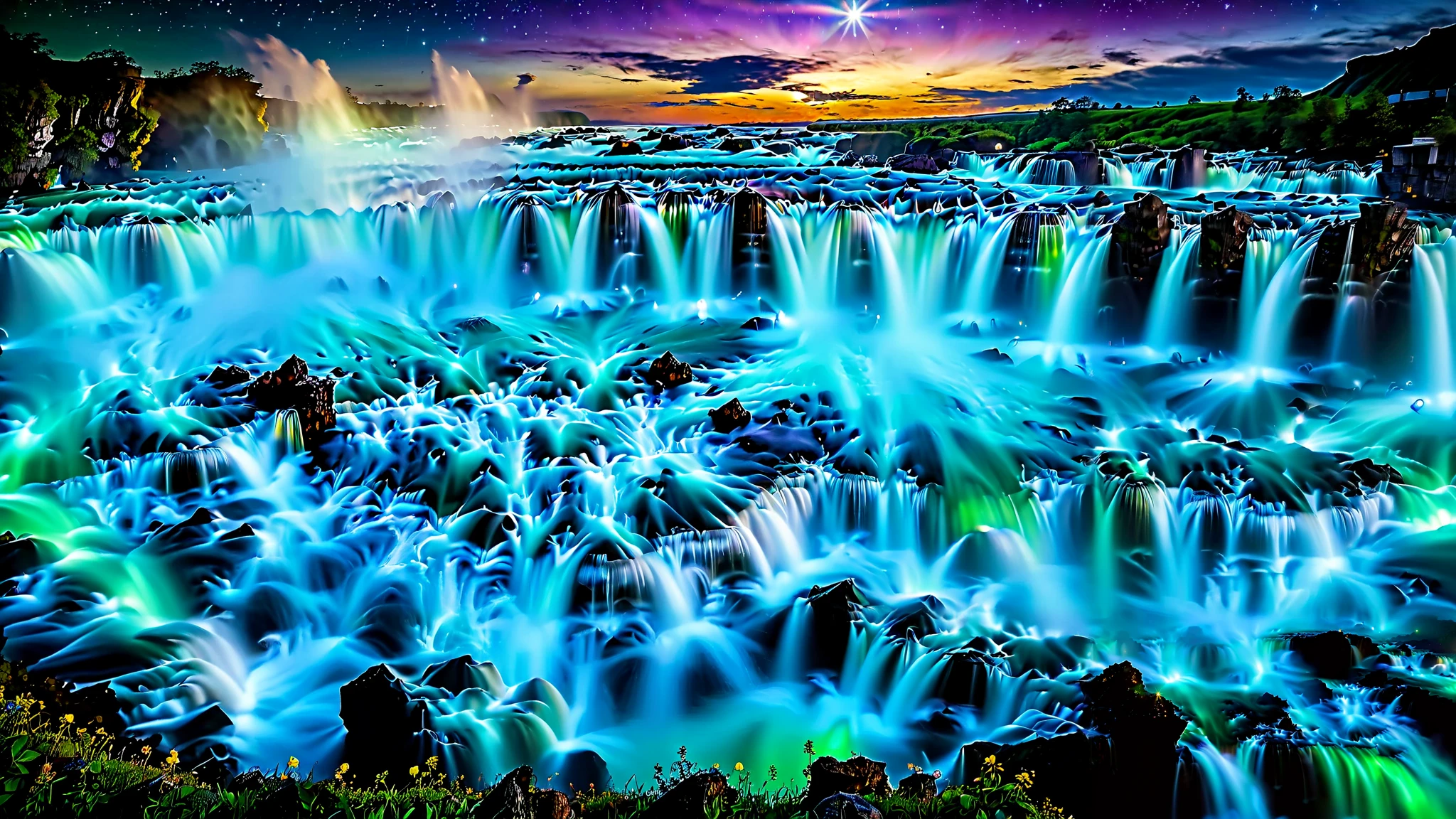 32K Resolution Masterpiece , highest quality , super detailed, Extremely high resolution 32K wallpaper , shot with a fisheye lens ,Many layers of waterfall flow , Scales like Niagara Falls, spectacular scale , cobalt blue luminescent waterfall,A bird's-eye view, The rock shines fluorescent green , super detailedな特徴, Awe-inspiring Details . Spectacular Waterfall Falling Directly from the Starry Sky , Falling on Metal , Shining Cliff Surface . Water Shines in Blue and Purple , Holographic Streams Intertwine . Bioluminescent flowers and trees at the bottom of the valley々Covered in, Its Leaves Reflect the Light of Water . Floating Spheres of Light Wrapping the Scene , Mysterious Addition , have an otherworldly atmosphere ., countless stars in the background 々and galaxy clusters ,Mysterious charm, mysterious atmosphere,