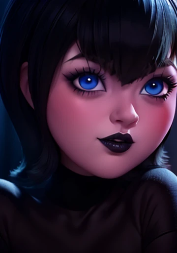 llenascore_9, score_8_up, score_7_up, animated, Thrush musician, short hair, black hair, best quality, perfect eyes, portrait, big breasts, Lips, black Lips, Eyelashes, blue eyes, black dress, night, forest